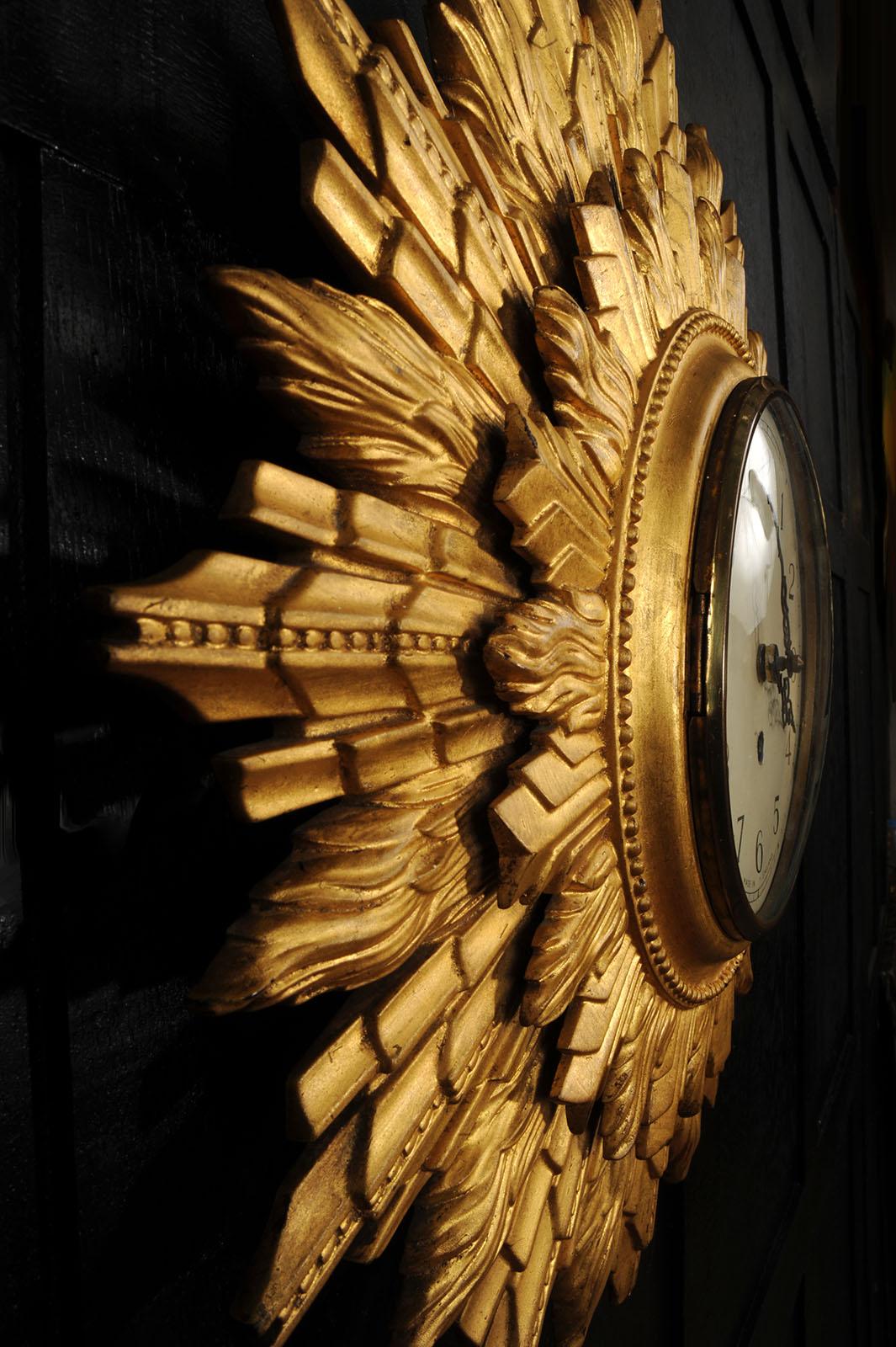 Art Deco Sunburst Wall Clock Gilt Wood - Coventry Astral - Quality Fully Working In Good Condition In Belper, Derbyshire