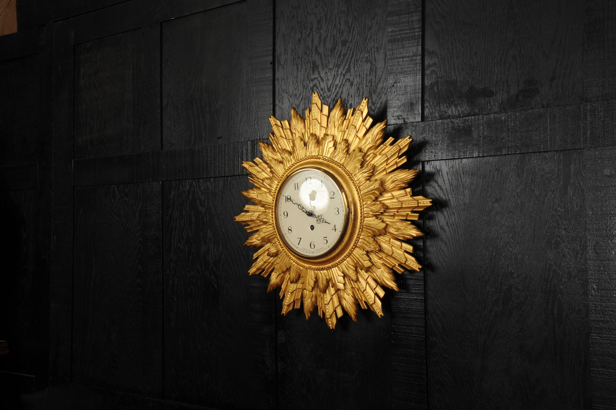 20th Century Art Deco Sunburst Wall Clock Gilt Wood - Coventry Astral - Quality Fully Working