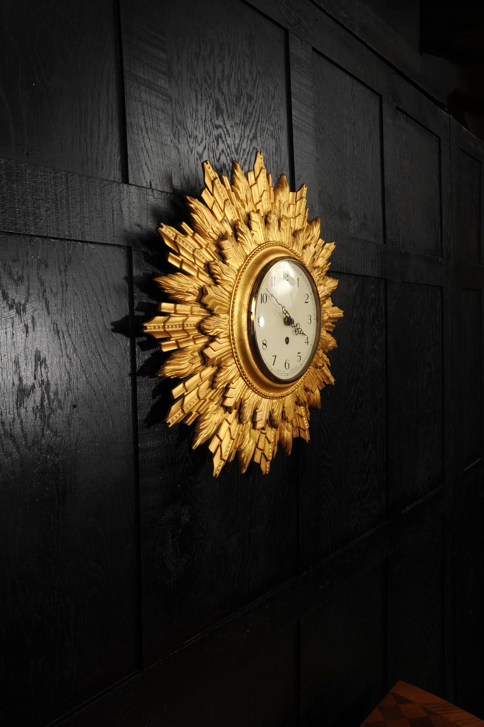 Art Deco Sunburst Wall Clock Gilt Wood - Coventry Astral - Quality Fully Working 3