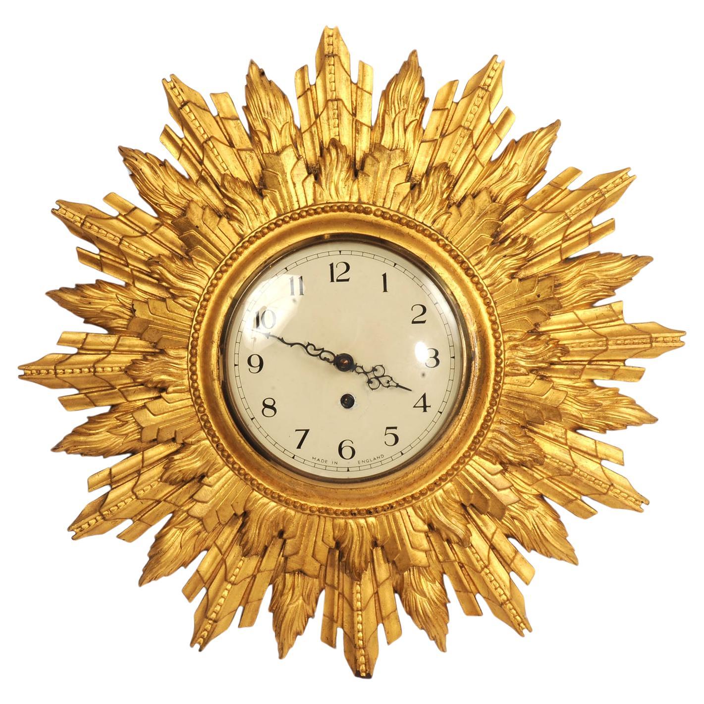 Art Deco Sunburst Wall Clock Gilt Wood - Coventry Astral - Quality Fully Working