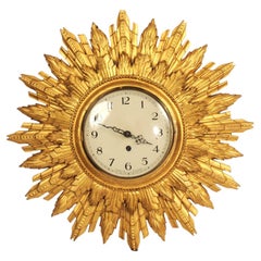Used Art Deco Sunburst Wall Clock Gilt Wood - Coventry Astral - Quality Fully Working