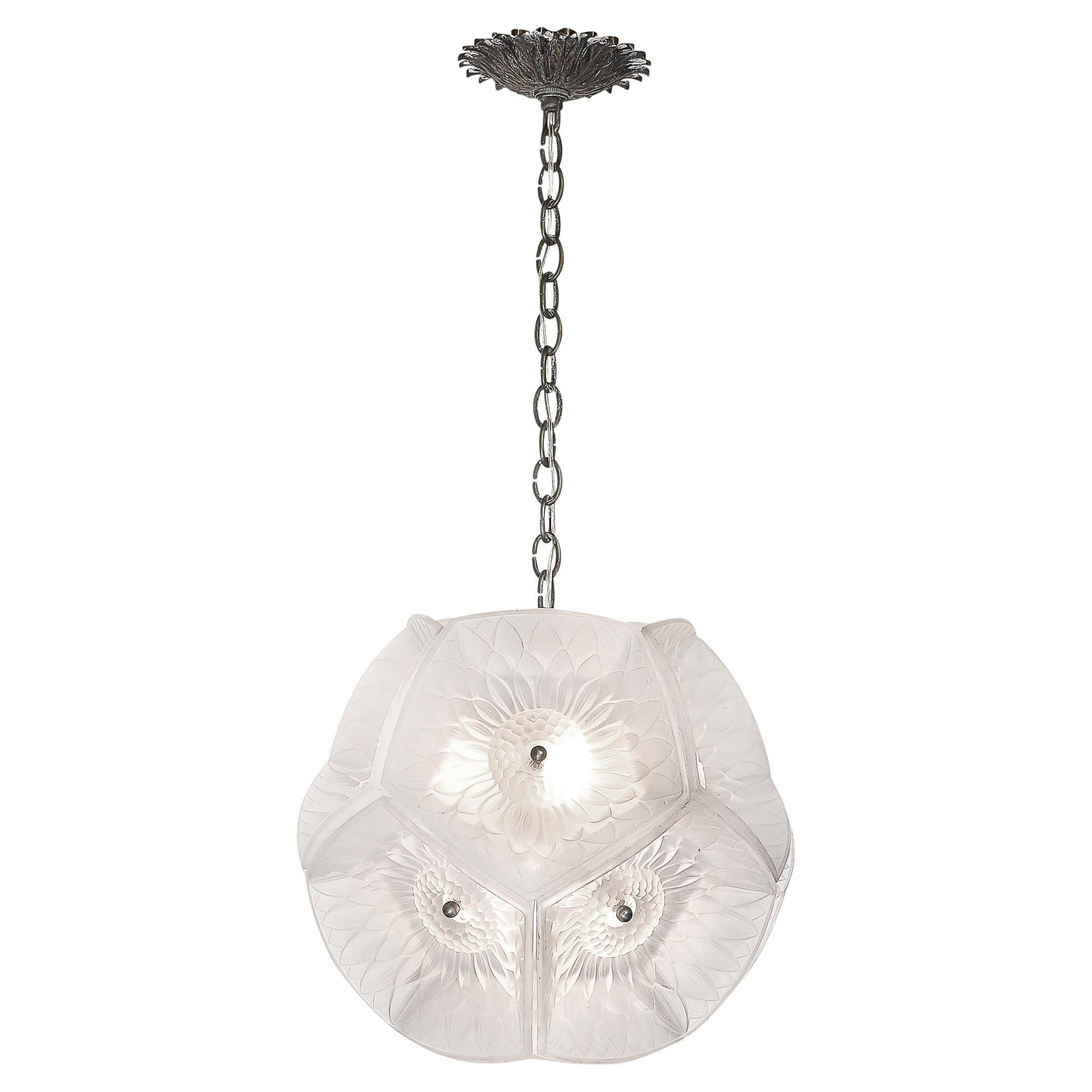 Art Deco Sunflower Pendant W/ Frosted Hexagonal Glass Shades by Pierre D
Avesn