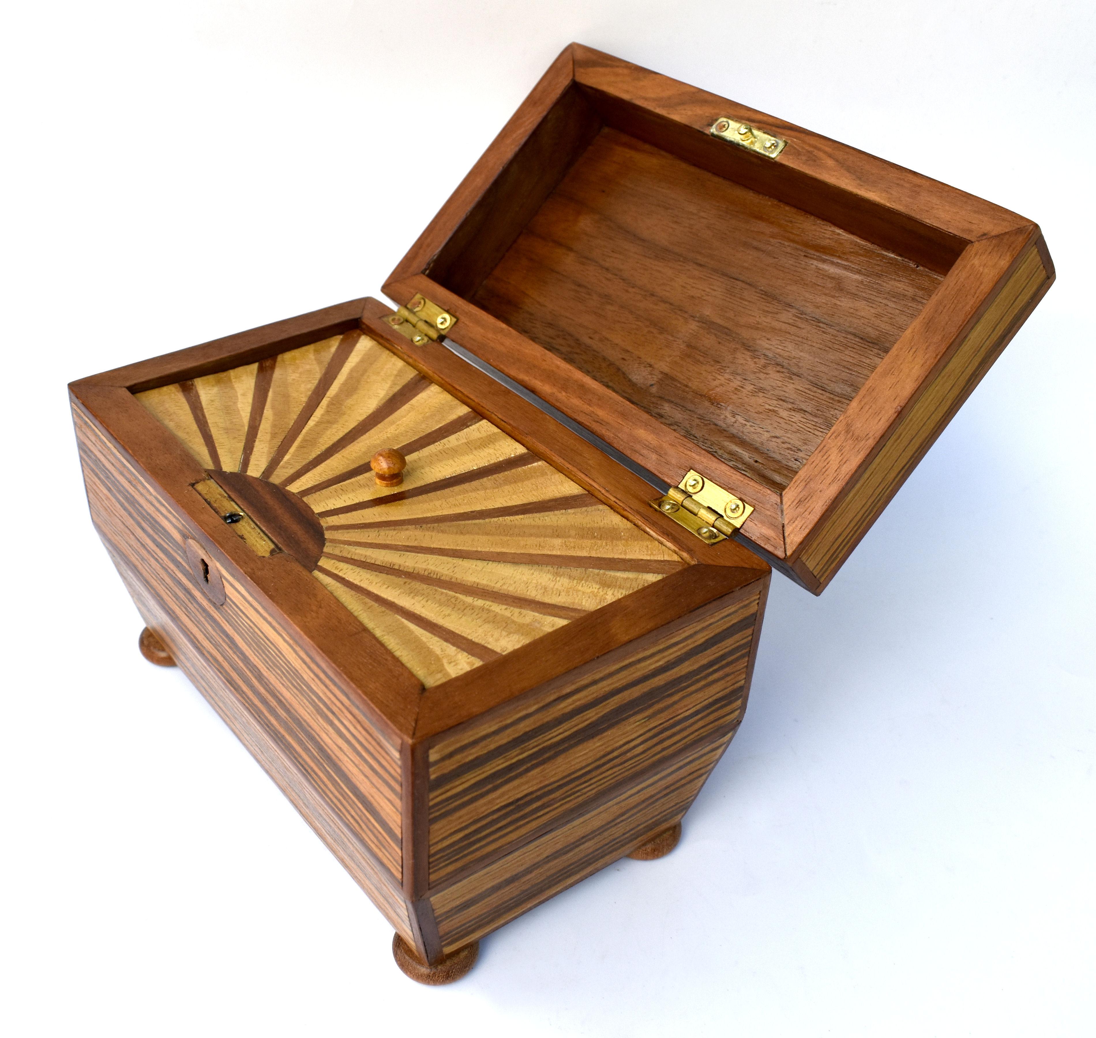 Walnut Art Deco 'Sunray' Inlaid Tea Caddy Box with Key, c1930