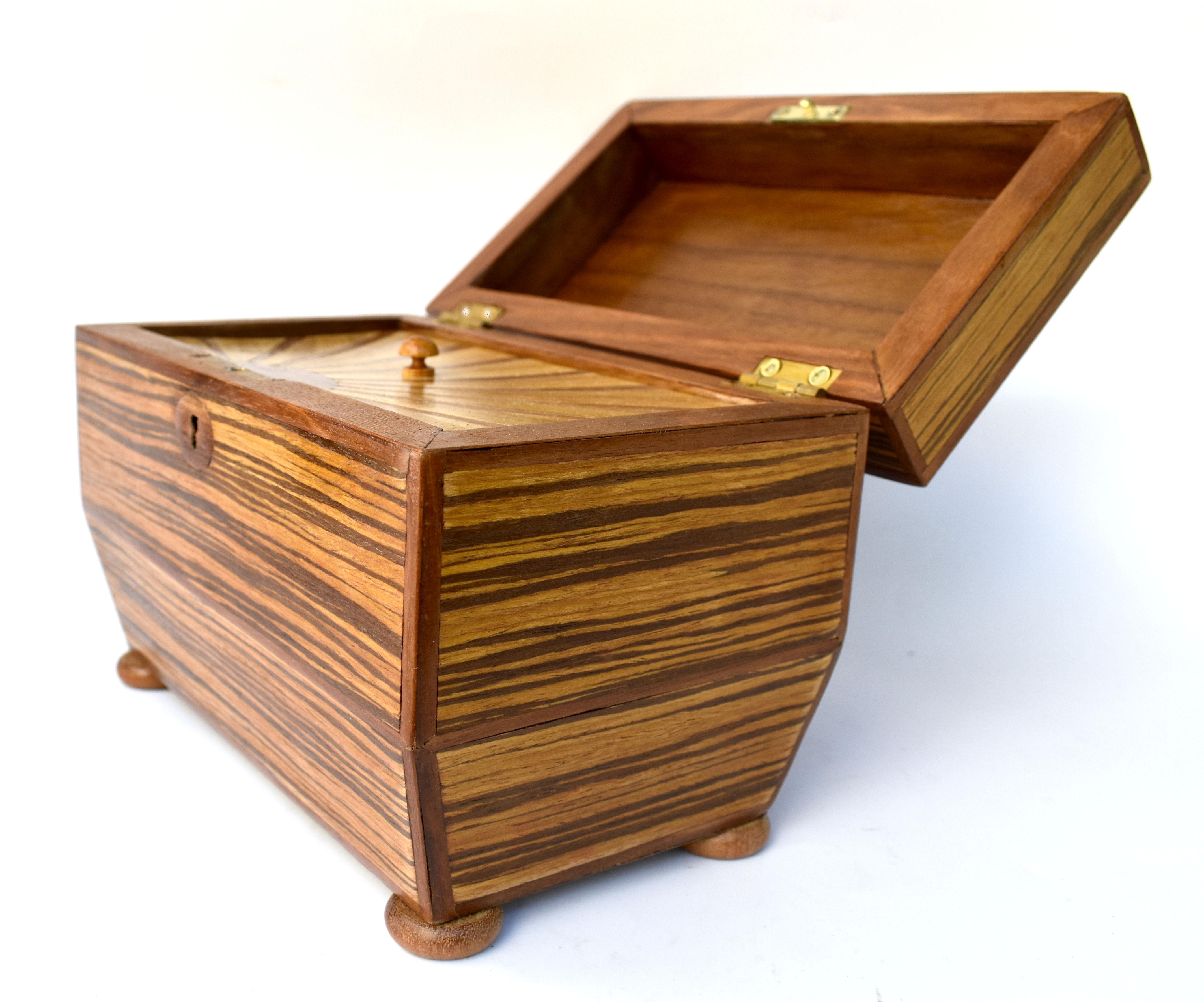 Art Deco 'Sunray' Inlaid Tea Caddy Box with Key, c1930 1