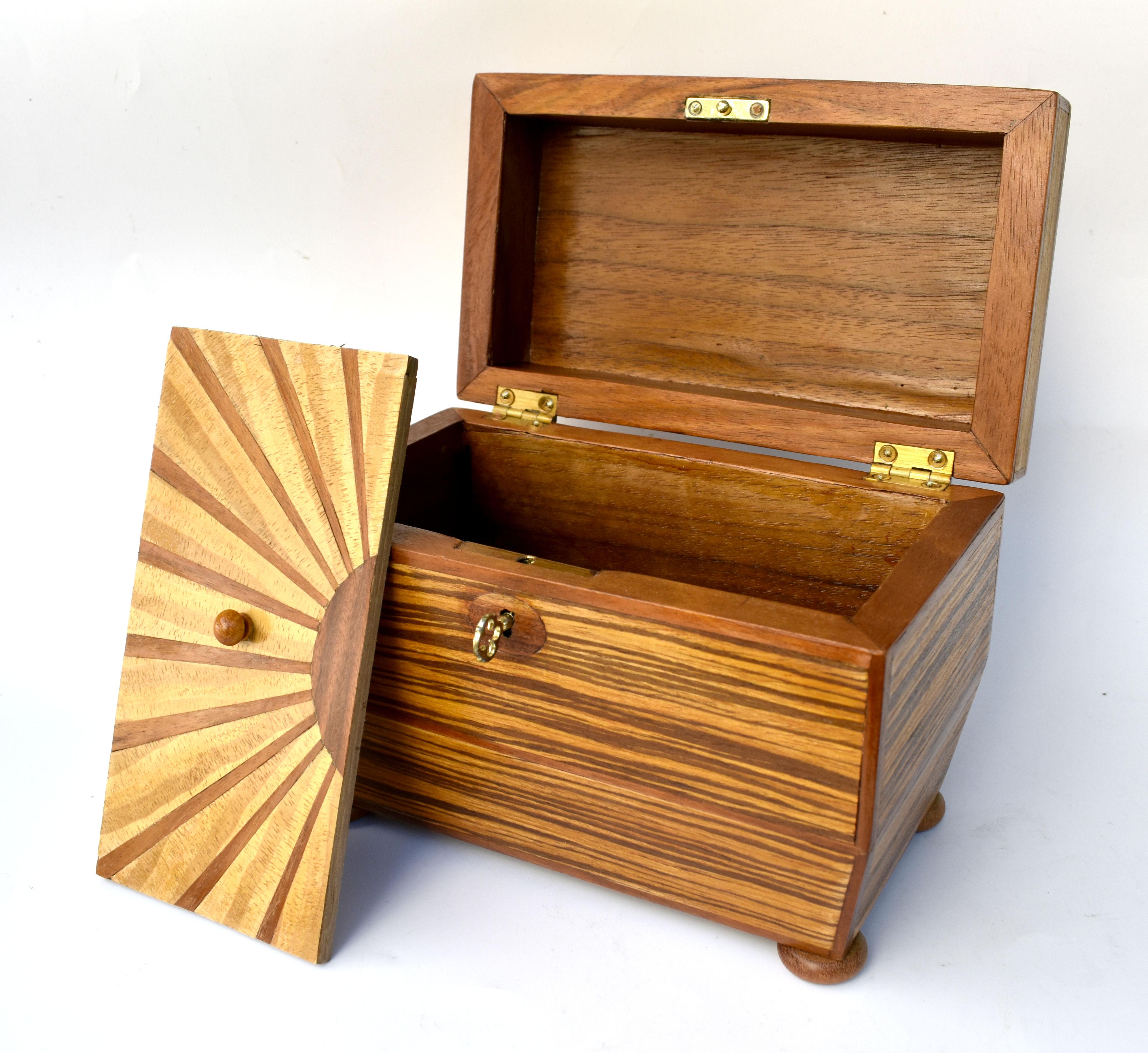 Art Deco 'Sunray' Inlaid Tea Caddy Box with Key, c1930 3