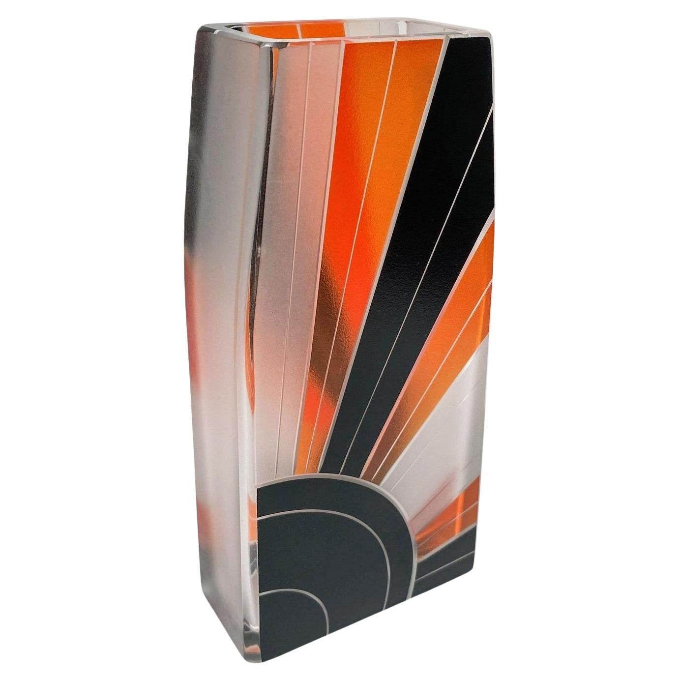 Rare and very stylish geometric patterned vase .  Standing a good 21 cm tall has all the bells and whistles you want from this era. One of our personal favourites beautiful in both the design & quality. Beautiful acid etched detailing on a frosted