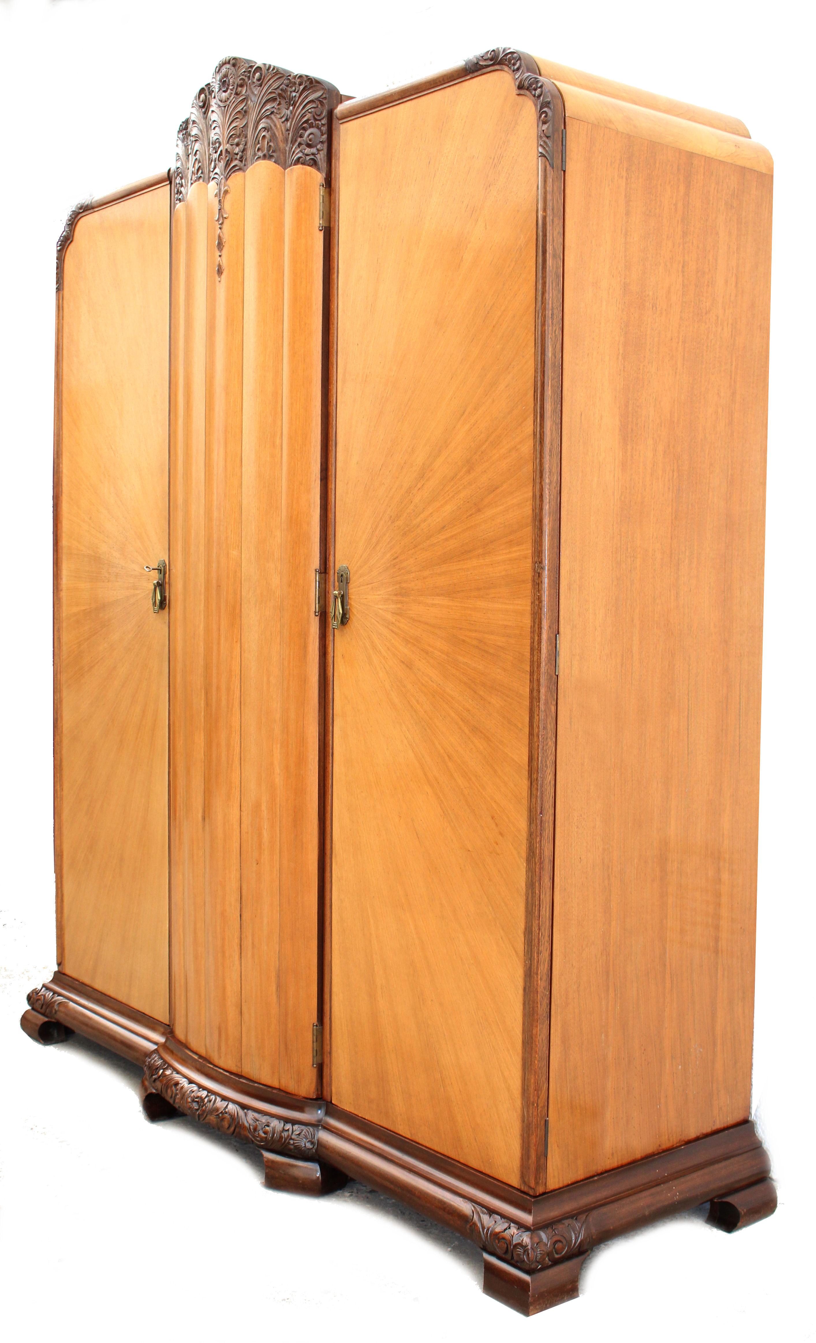 Walnut Art Deco 'Sunray' Triple Door Wardrobe, c1930, by Maple & Co, England