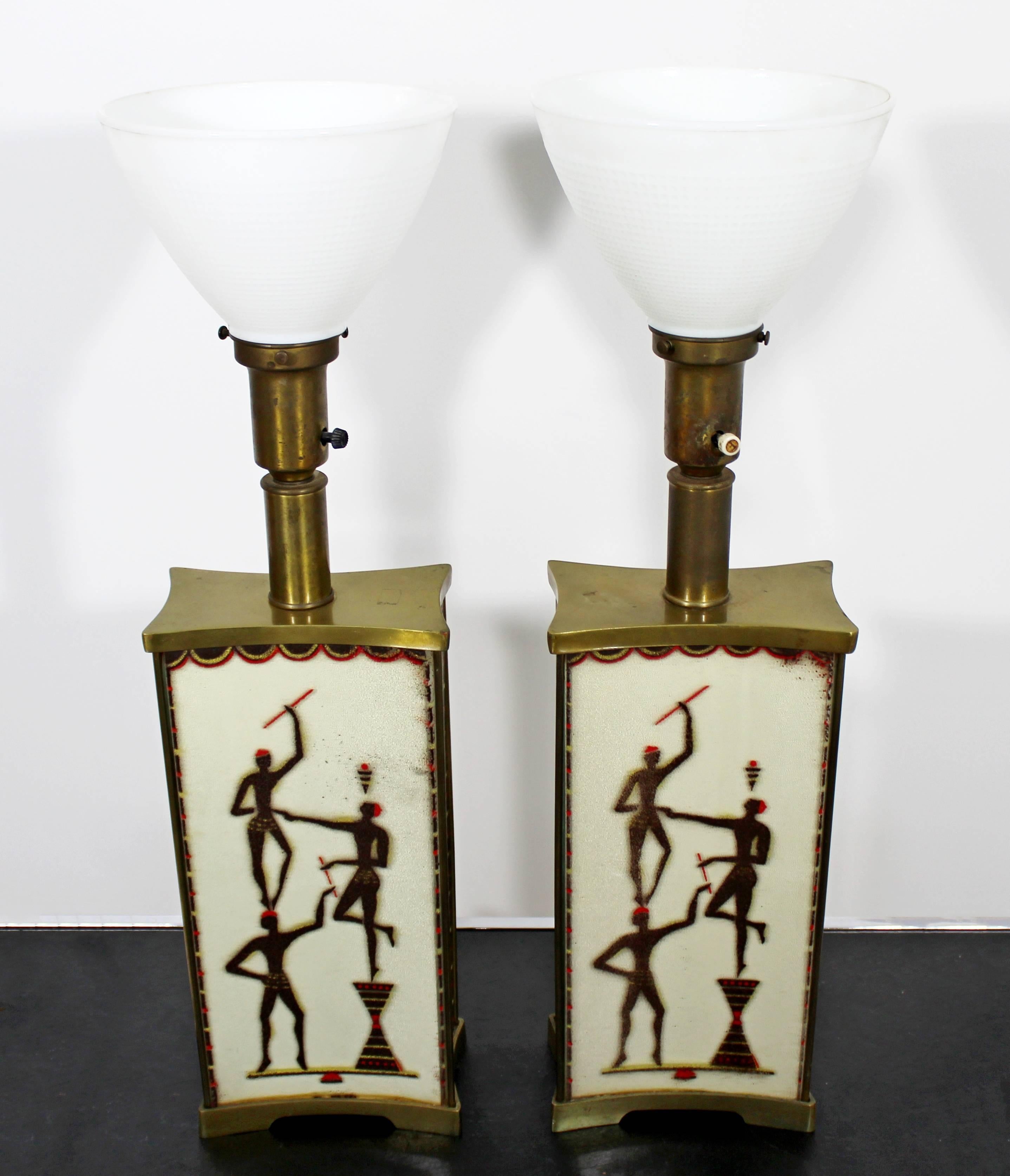 American Art Deco Super Rare Maurice Heaton Pair of Four-Panel Tribal Table Lamps Glass
