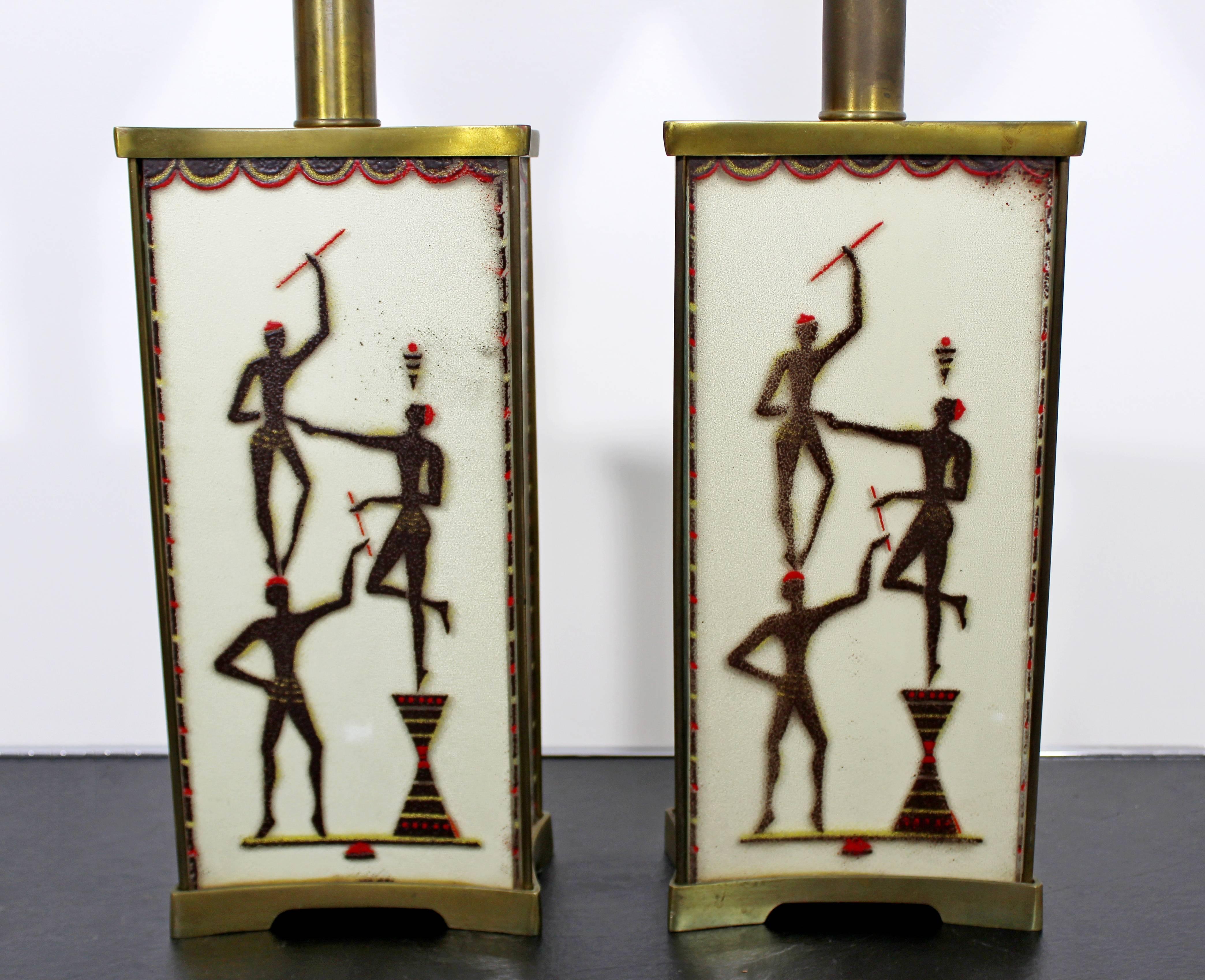 Art Deco Super Rare Maurice Heaton Pair of Four-Panel Tribal Table Lamps Glass In Good Condition In Keego Harbor, MI