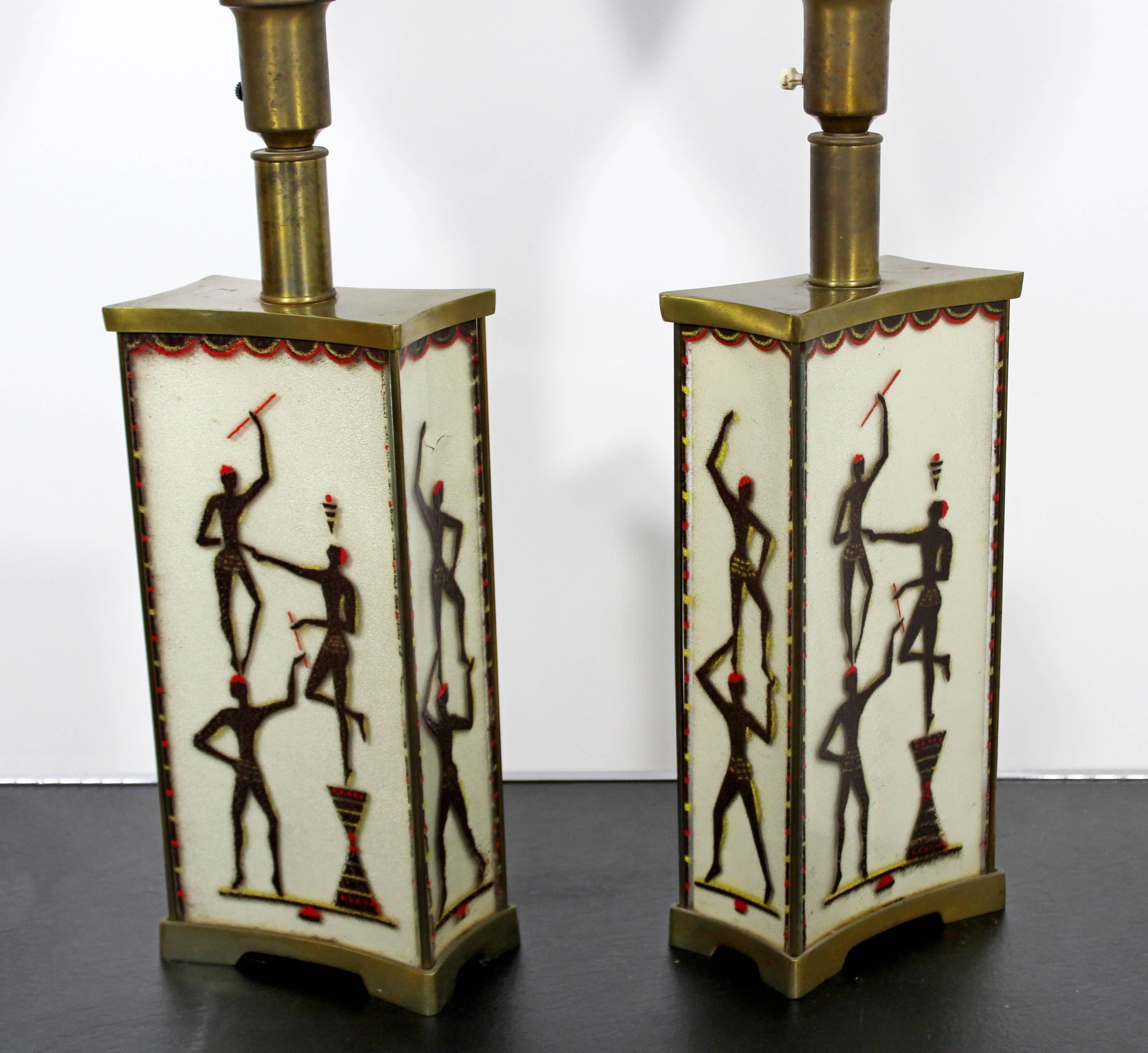 Art Deco Super Rare Maurice Heaton Pair of Four-Panel Tribal Table Lamps Glass 1