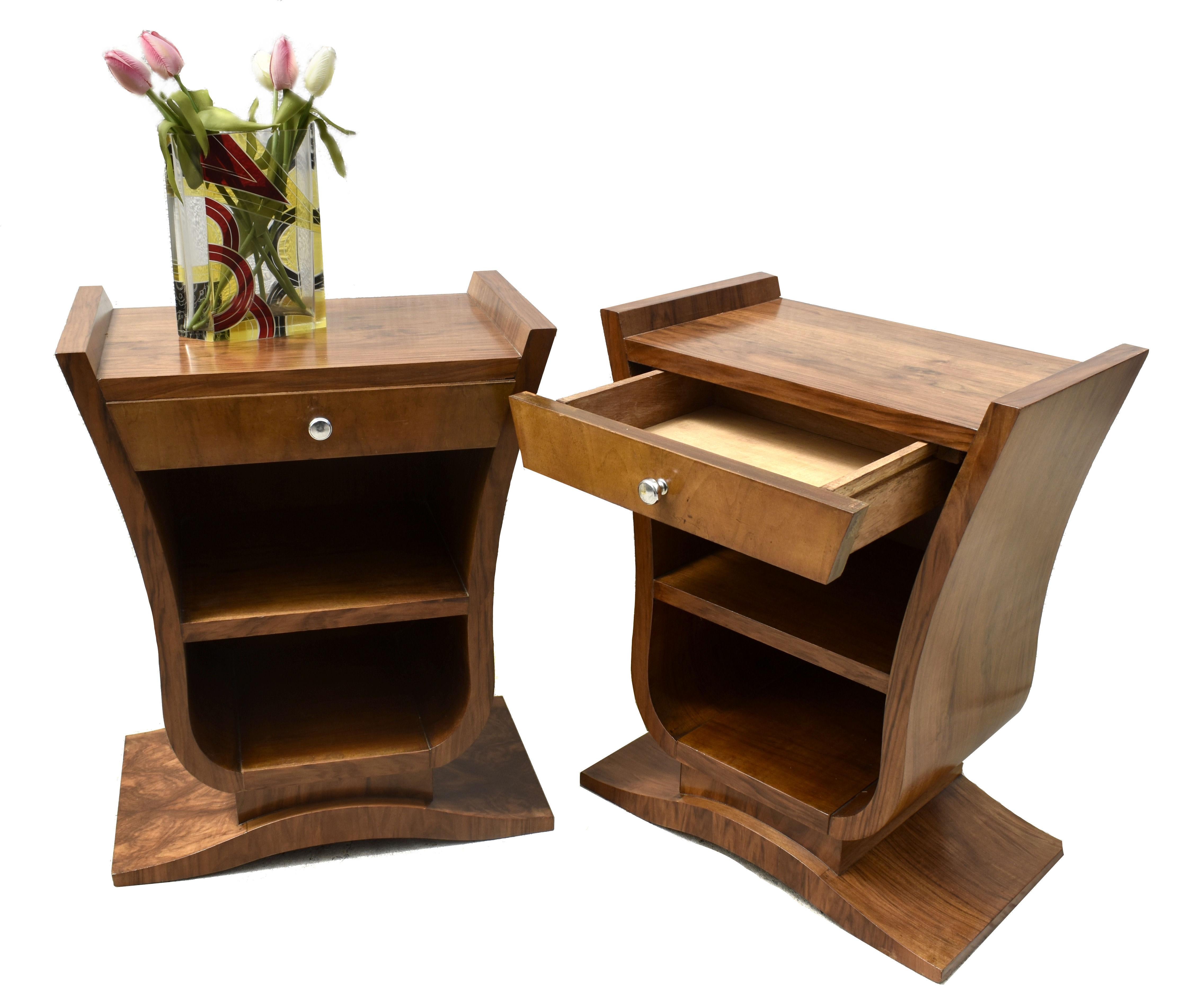20th Century Art Deco Super Stylish Pair Of French Walnut Bedside Table Night Stands , c1930