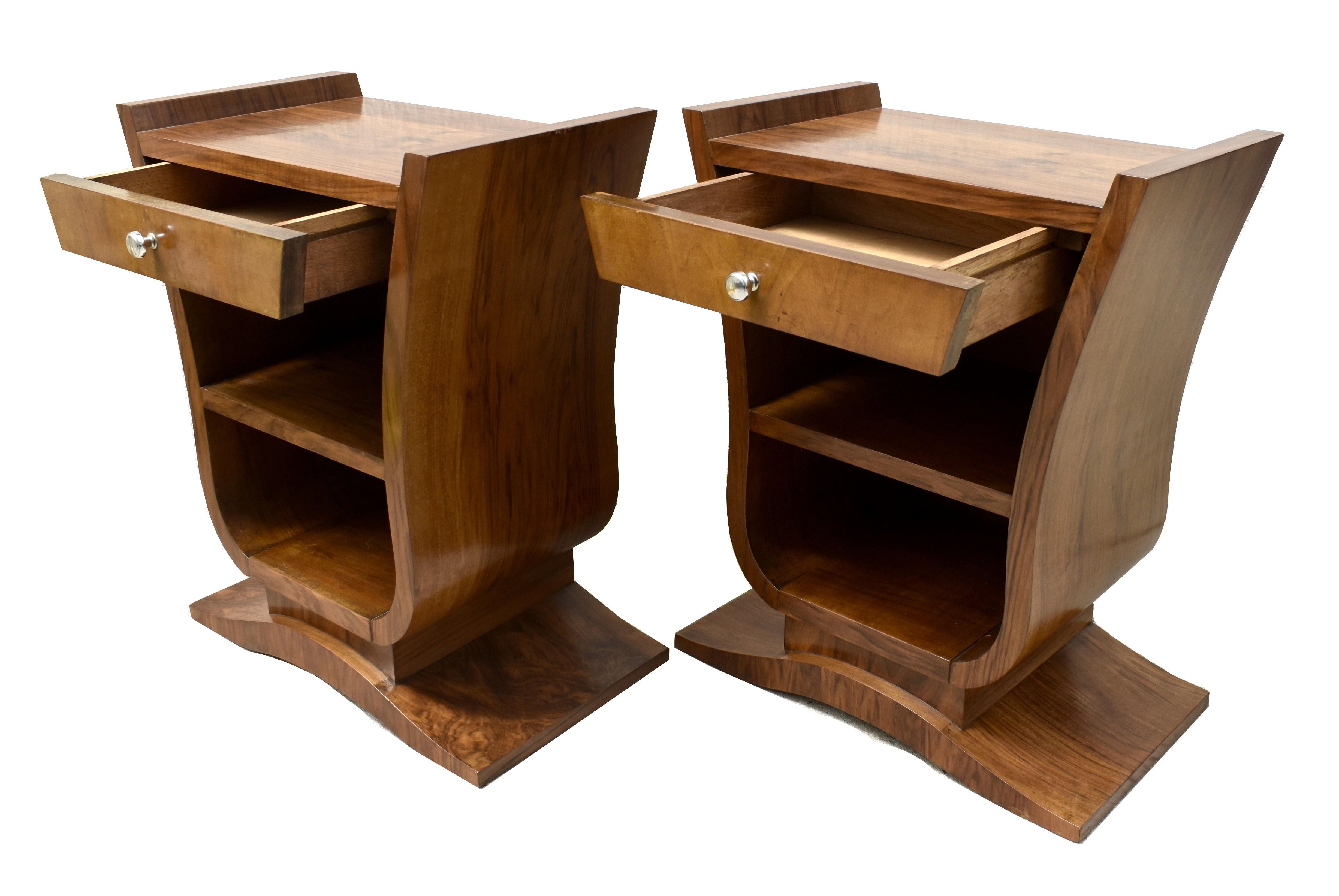 Chrome Art Deco Super Stylish Pair Of French Walnut Bedside Table Night Stands , c1930