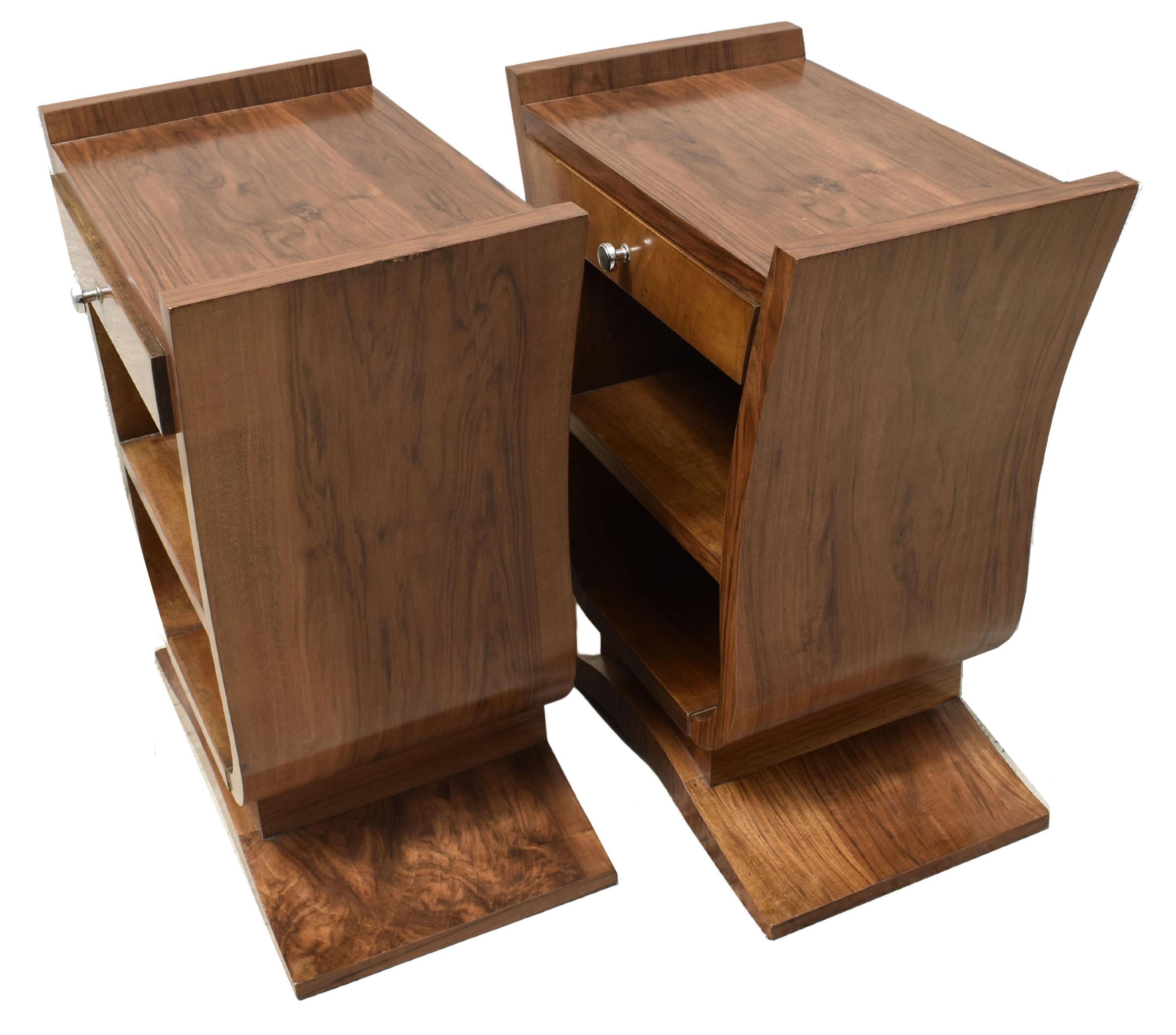 Art Deco Super Stylish Pair Of French Walnut Bedside Table Night Stands , c1930 3