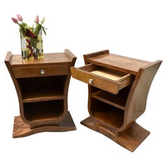 Art Deco Super Stylish Pair Of French Walnut Bedside Table Night Stands , c1930