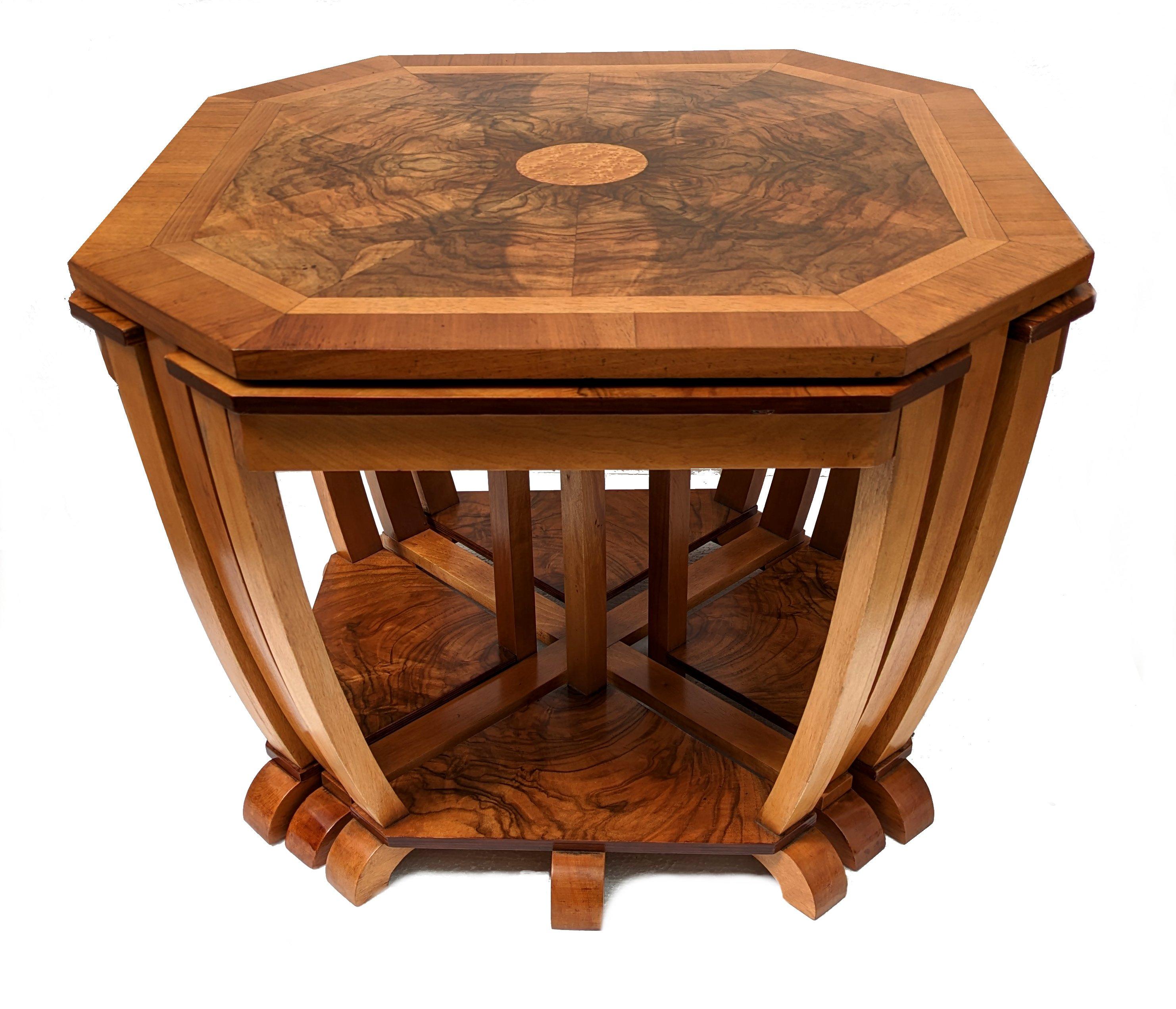 Polished Art Deco Super Stylish Walnut Nest of Five Tables, English, c1930s For Sale