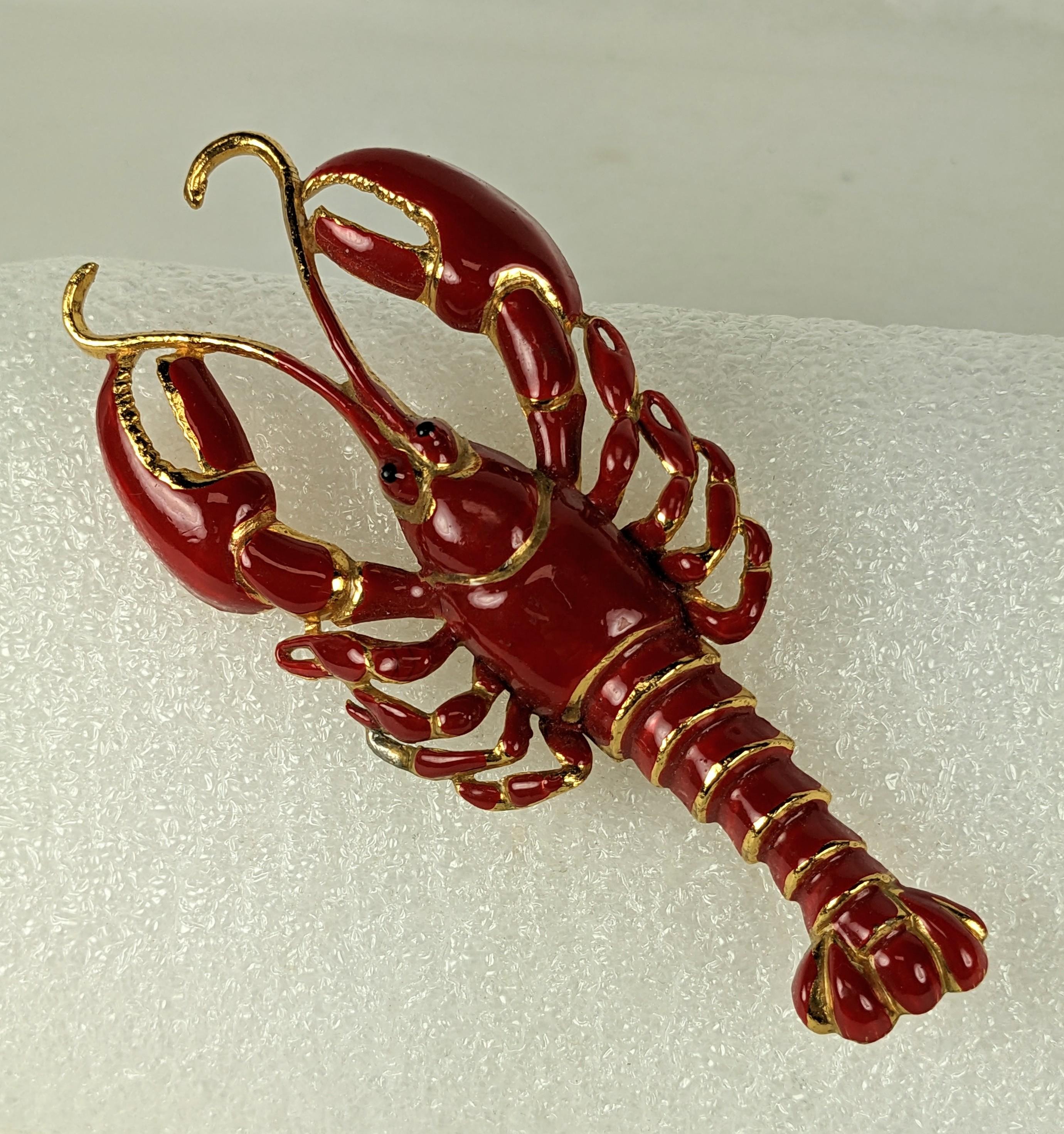 Art Deco Enamel Lobster Brooch in the Surrealist style. Large scale in gilt metal with vibrant red enamel. Channel your inner Schiaparelli with this brooch perched in unusual places. Likely made by Coro. 1930's USA. 4