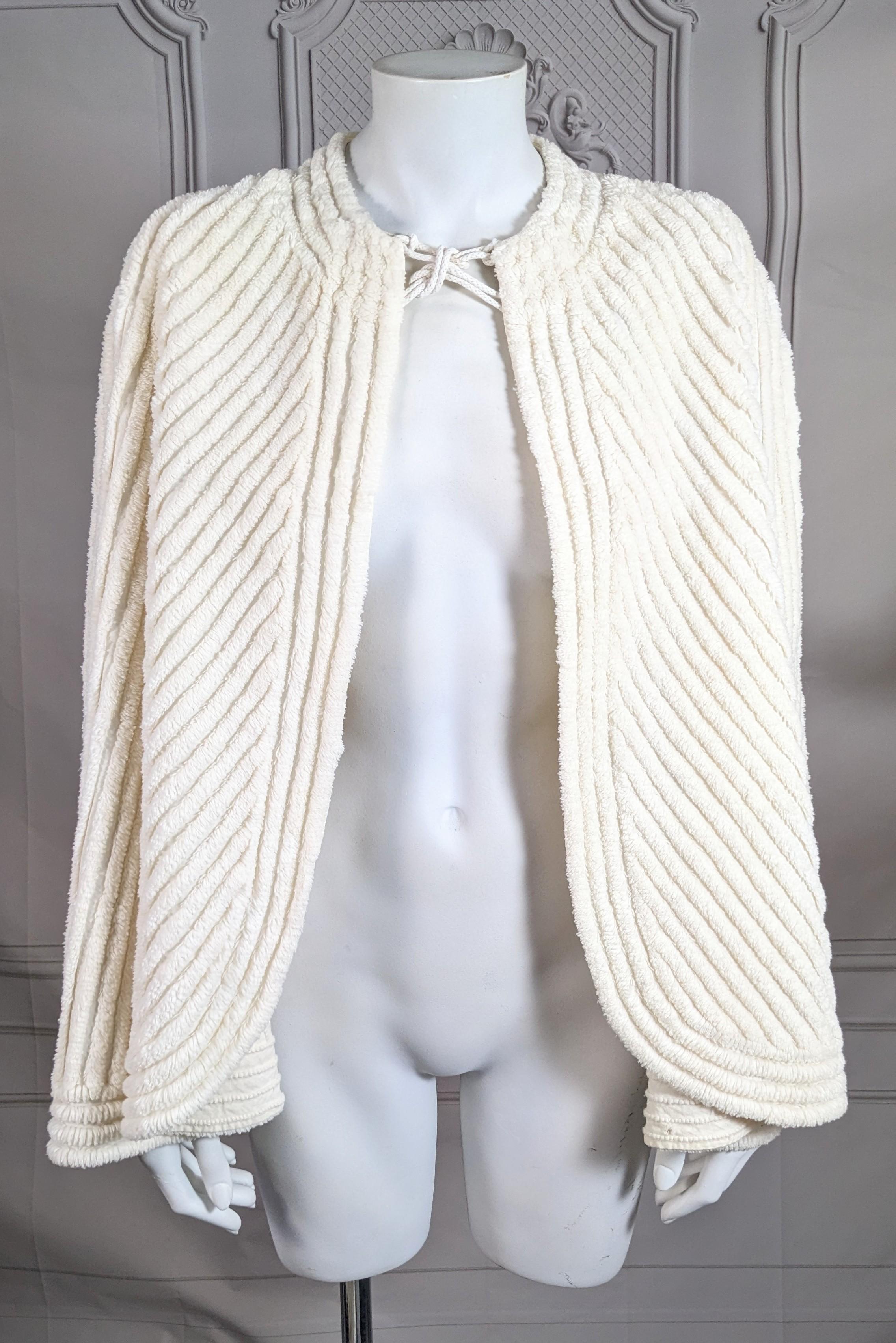 Unusual Art Deco Surrealist Lobster Motif beach cape 1930s. Of white cotton chenille with bright red and black lobster with self front ties. 1930's USA. 
This capelet version is a nod to and inspired by Elsa Schiaparelli. Of the many collaborations