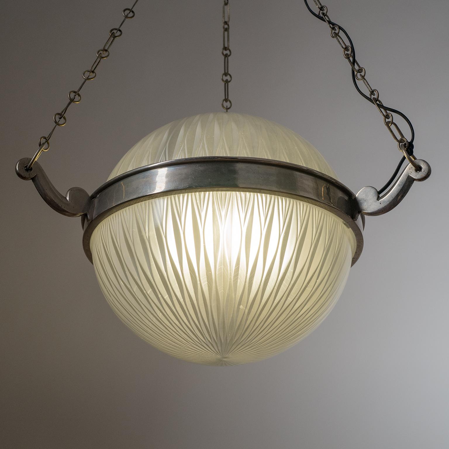 Austrian Art Deco Suspension Light, circa 1920, Nickel and Holophane Glass