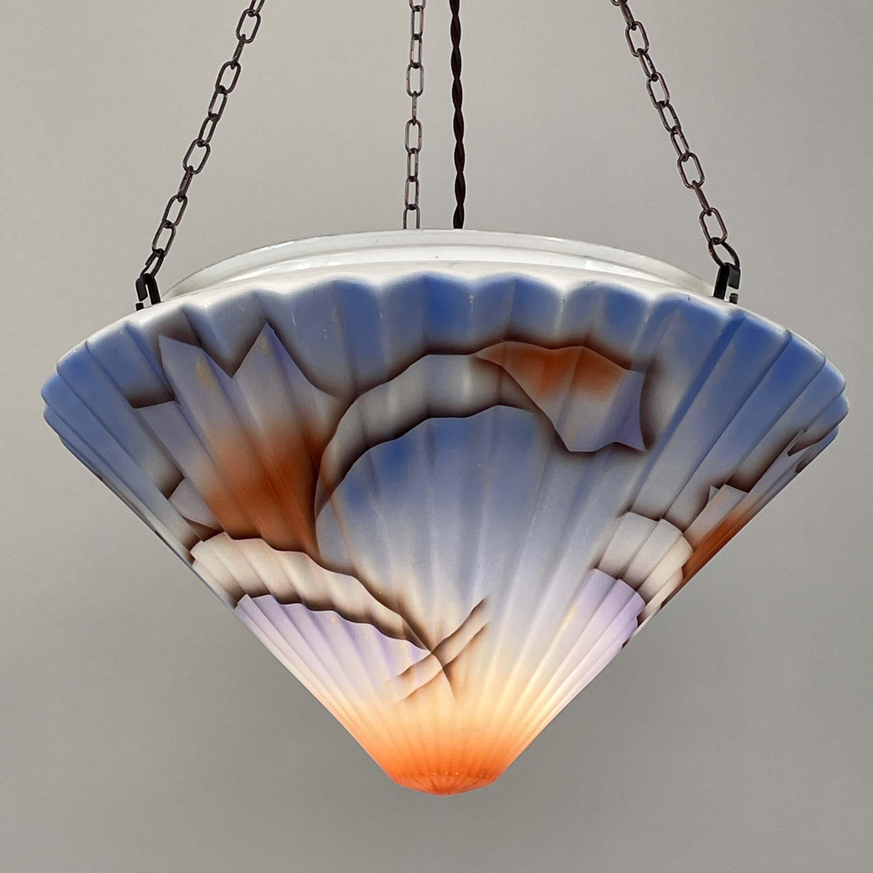 Art Deco Suspension Light, Enameled Glass and Bronzed Brass, Germany 1930s For Sale 11