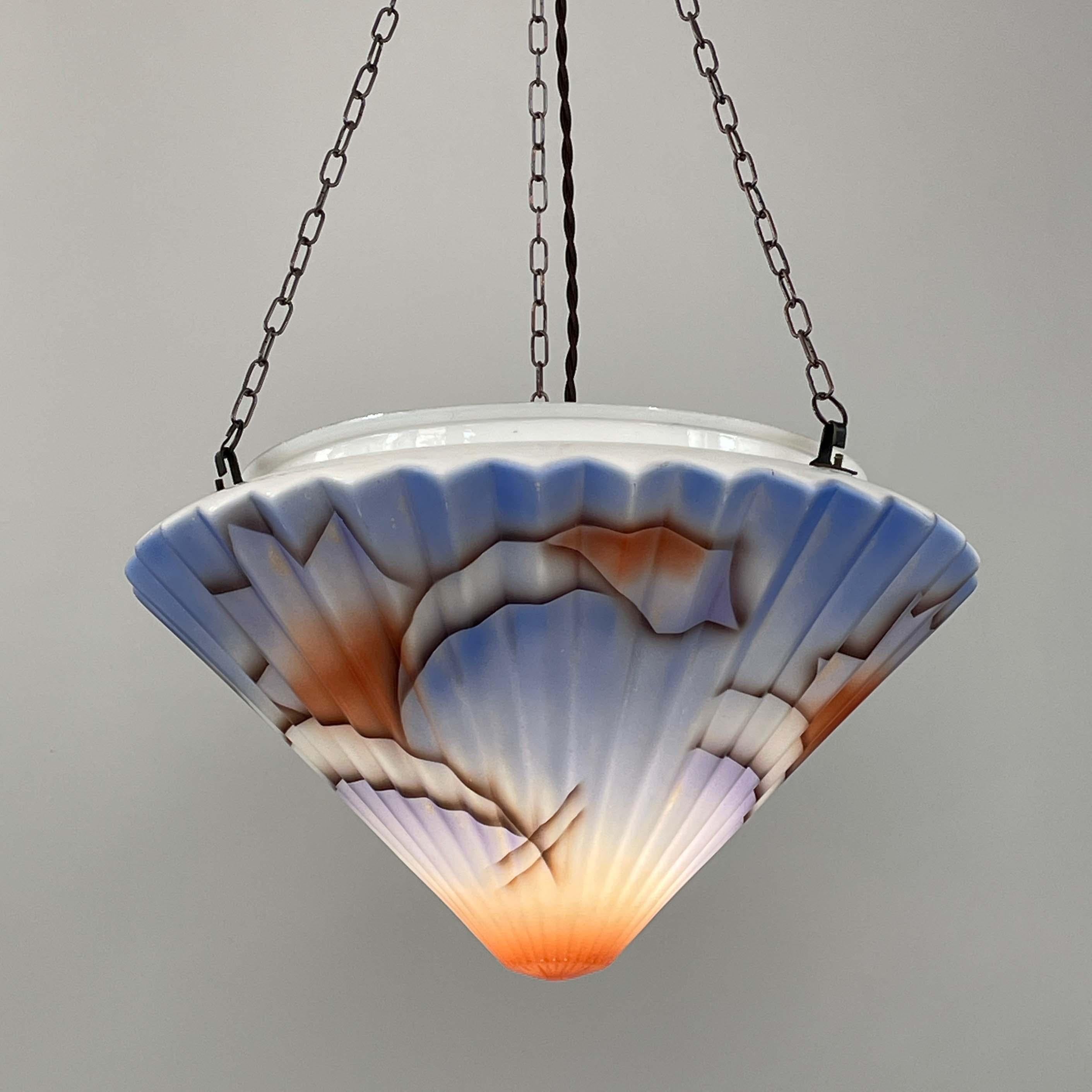 Mid-20th Century Art Deco Suspension Light, Enameled Glass and Bronzed Brass, Germany 1930s For Sale