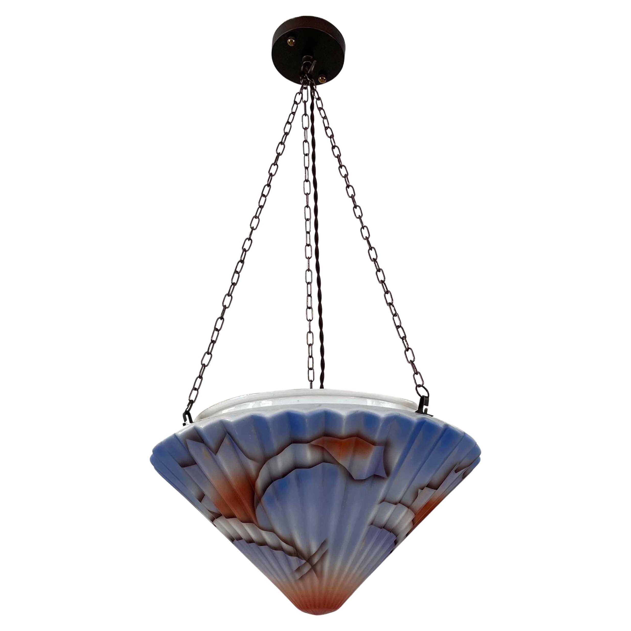Art Deco Suspension Light, Enameled Glass and Bronzed Brass, Germany 1930s For Sale