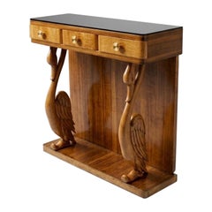 Art Deco Swans Walnut Console Table with black opaline top 1920