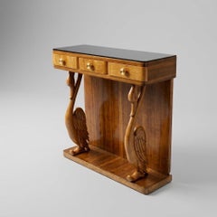 Art Deco Swans Walnut Console Table with black opaline top 1920