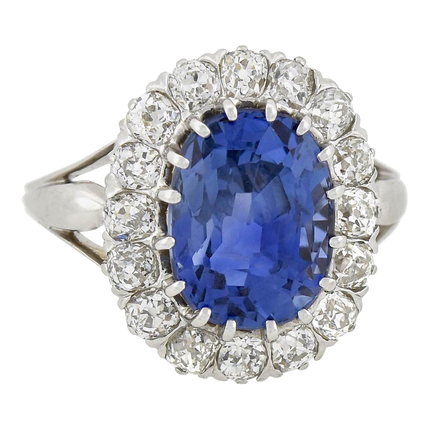 Art Deco Swedish 5.10 Carat Natural Ceylon Sapphire and Diamond Ring