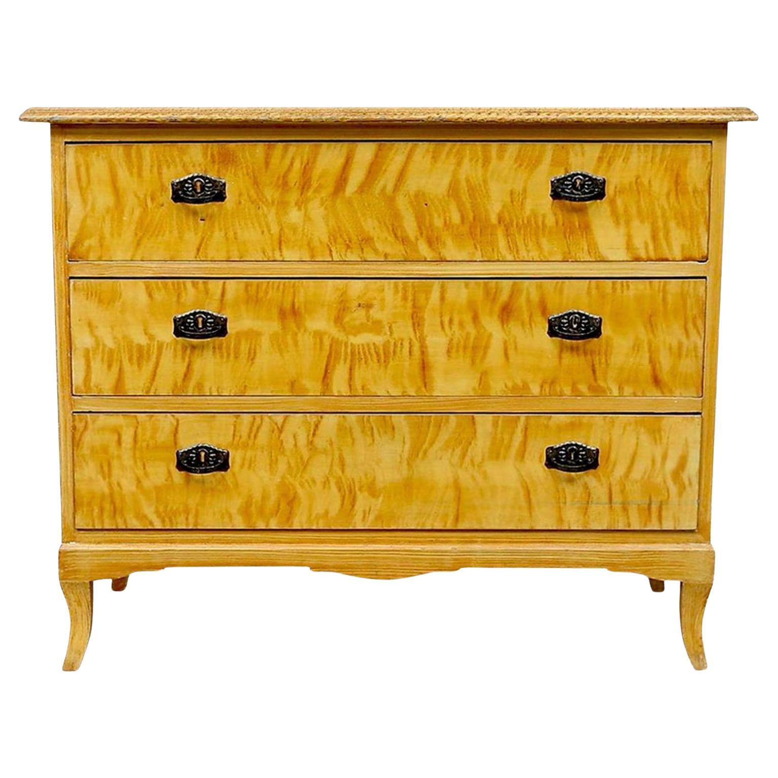 Art Deco Swedish Biedermeier Flame Golden Birch Chest of Drawers Commode A For Sale