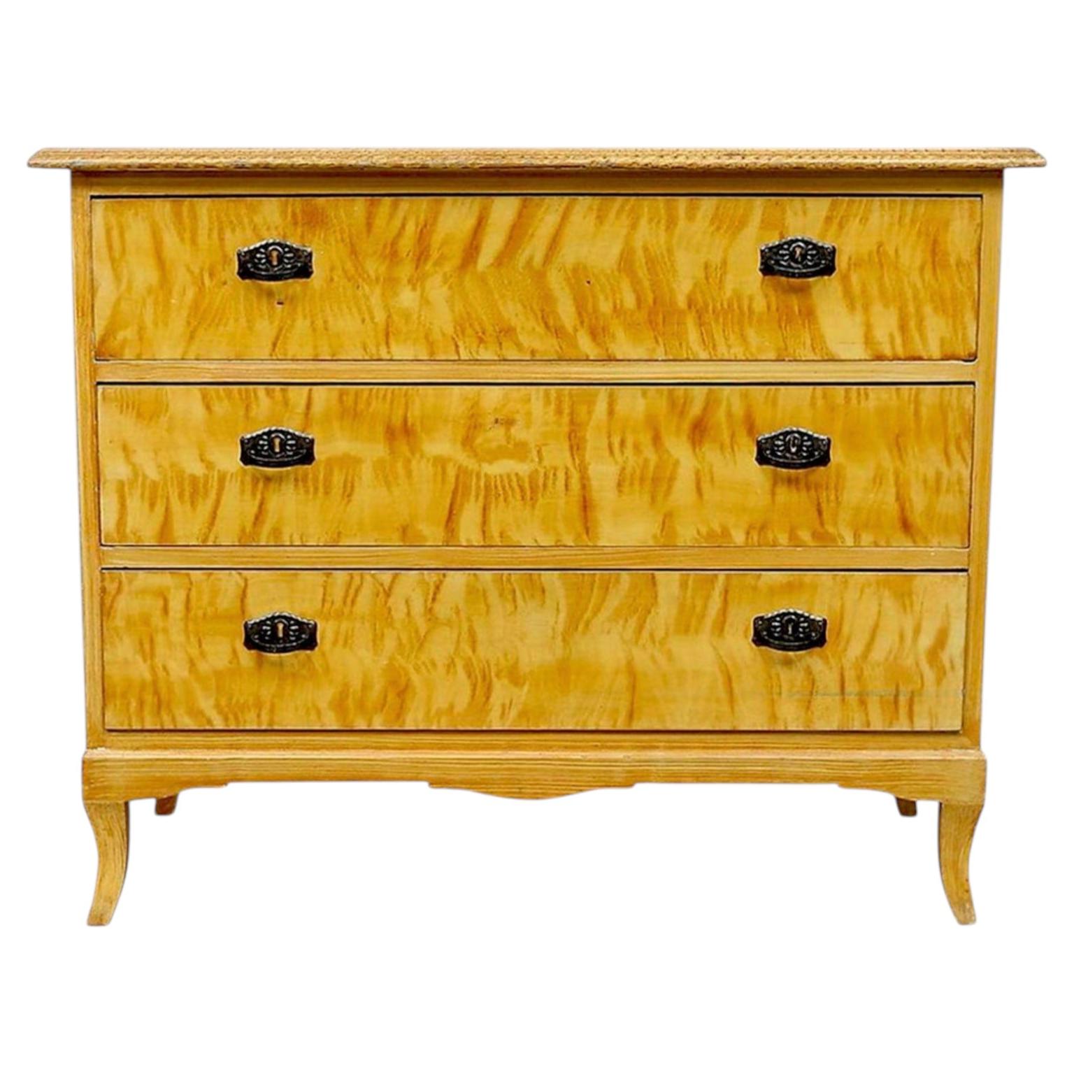 Art Deco Swedish Biedermeier Flame Golden Birch Chest of Drawers Commode A