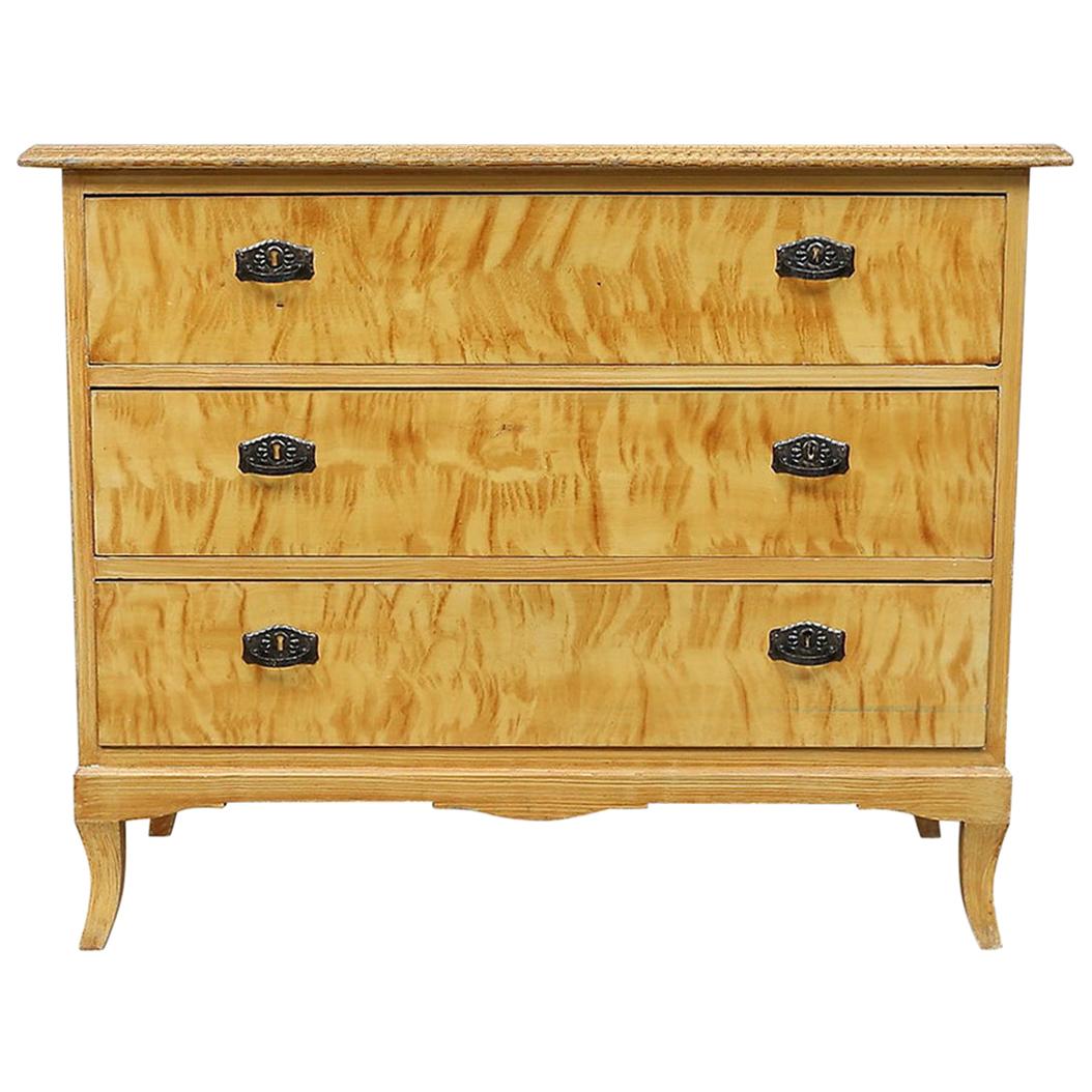 Art Deco Swedish Biedermeier Flame Golden Birch Chest of Drawers Commode Tallboy For Sale