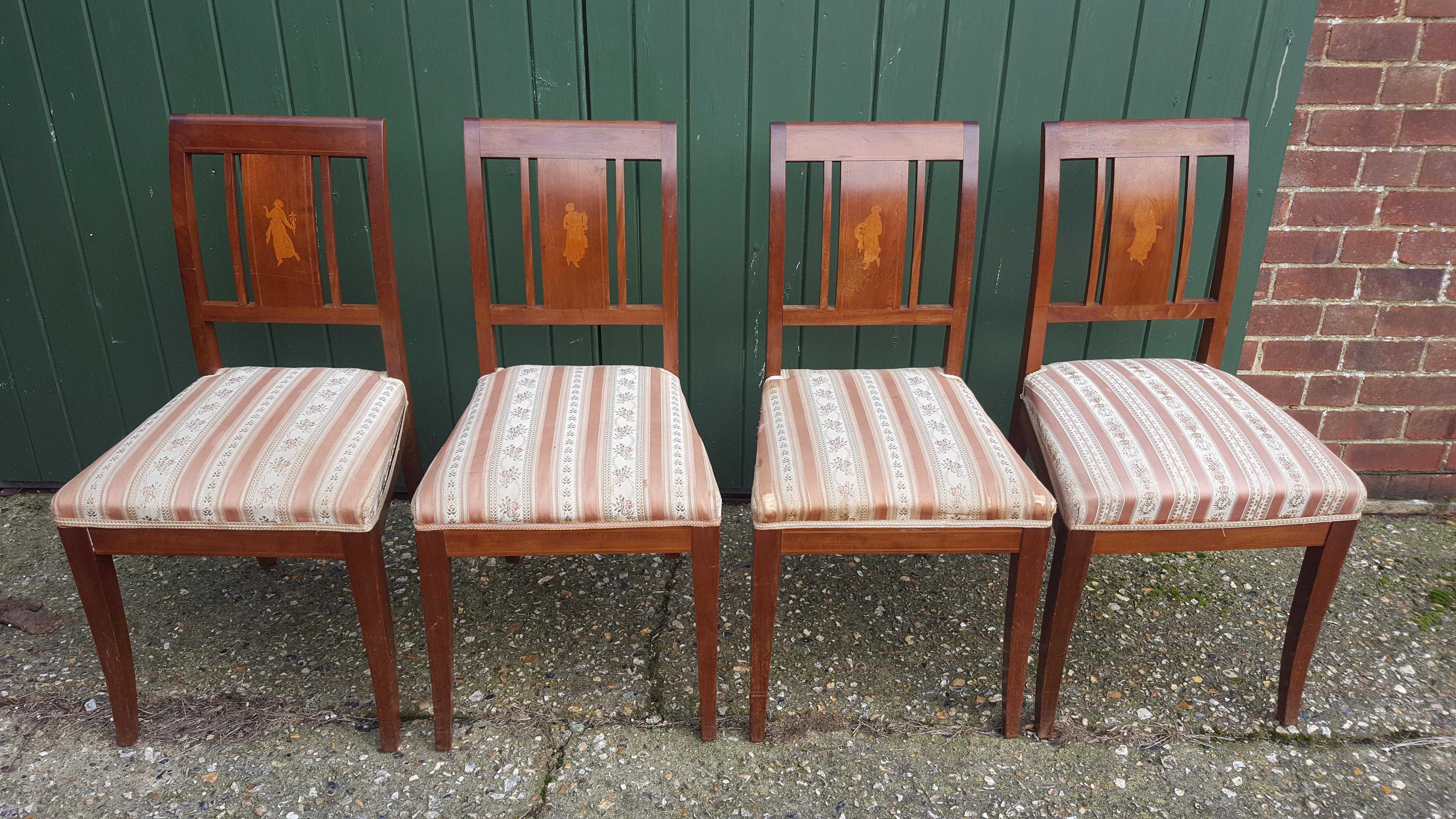 Art Deco Swedish Dining Chairs Set of 6 Marquetry Dark Honey, Early 20th Century In Good Condition For Sale In LONDON, GB