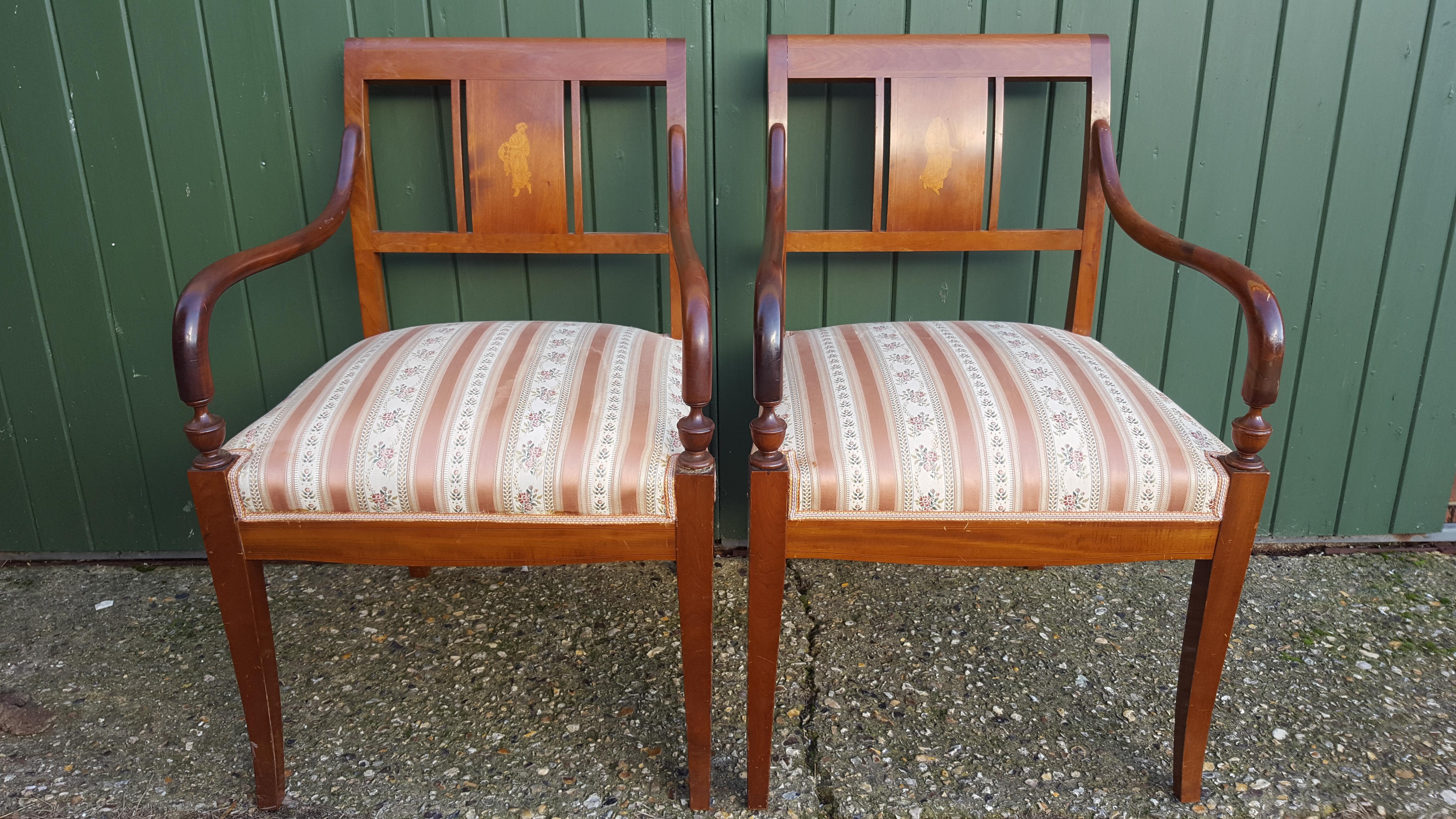 Birch Art Deco Swedish Dining Chairs Set of 6 Marquetry Dark Honey, Early 20th Century For Sale