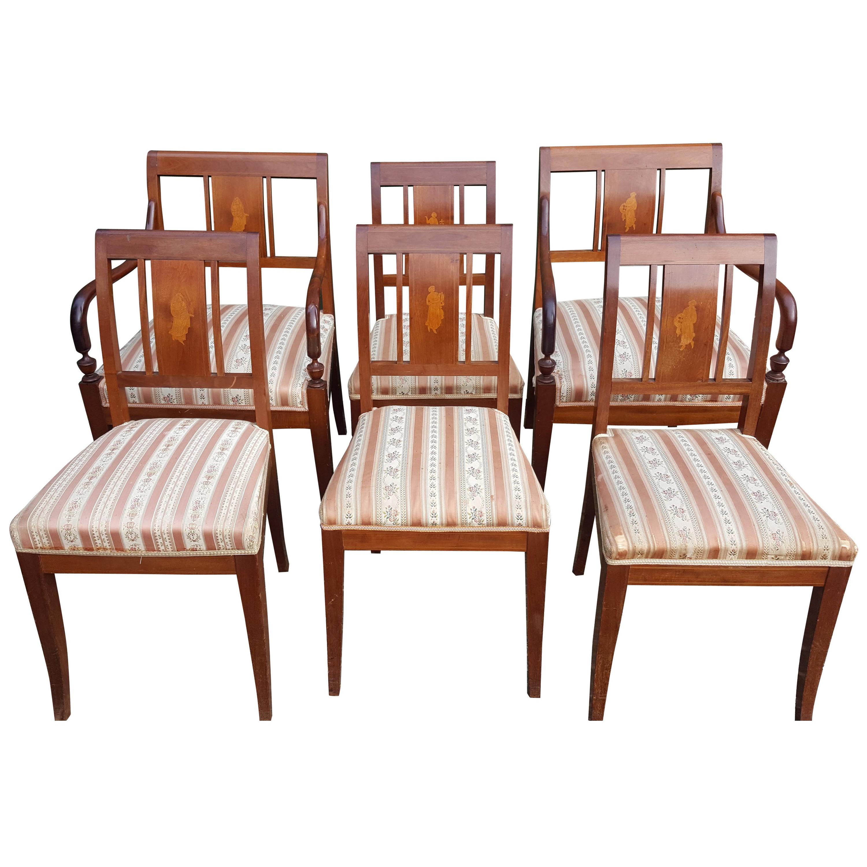 Art Deco Swedish Dining Chairs Set of 6 Marquetry Dark Honey, Early 20th Century For Sale