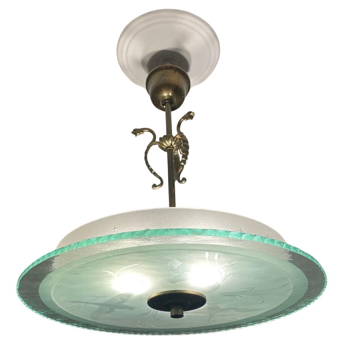 Plafoniera svedese Art Deco in vetro fuso e ottone, anni '30 circa