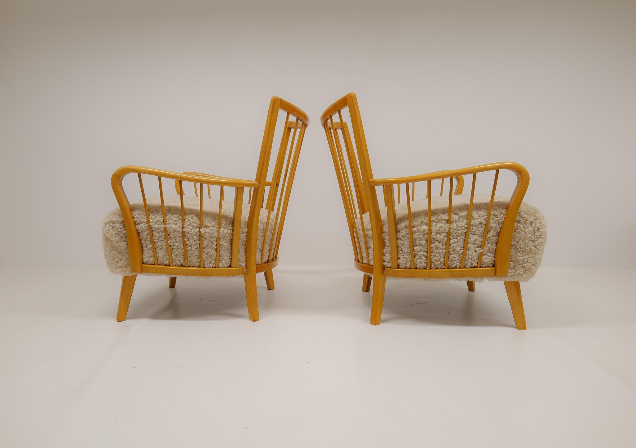 Art Deco Swedish Grace Lounge Chairs in Shearling / Sheepskin 1940s Sweden For Sale 6