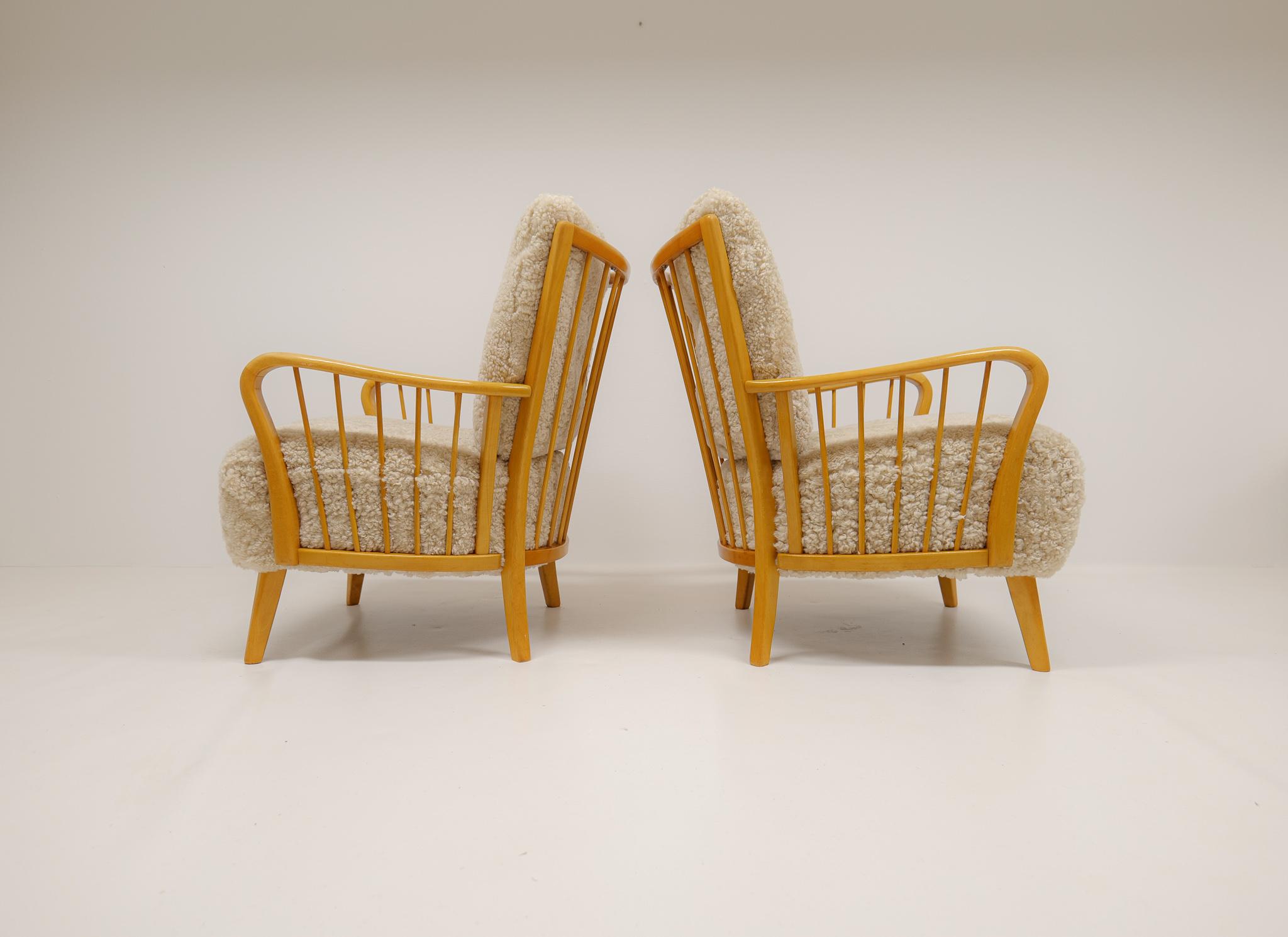 Art Deco Swedish Grace Lounge Chairs in Shearling / Sheepskin 1940s Sweden For Sale 7