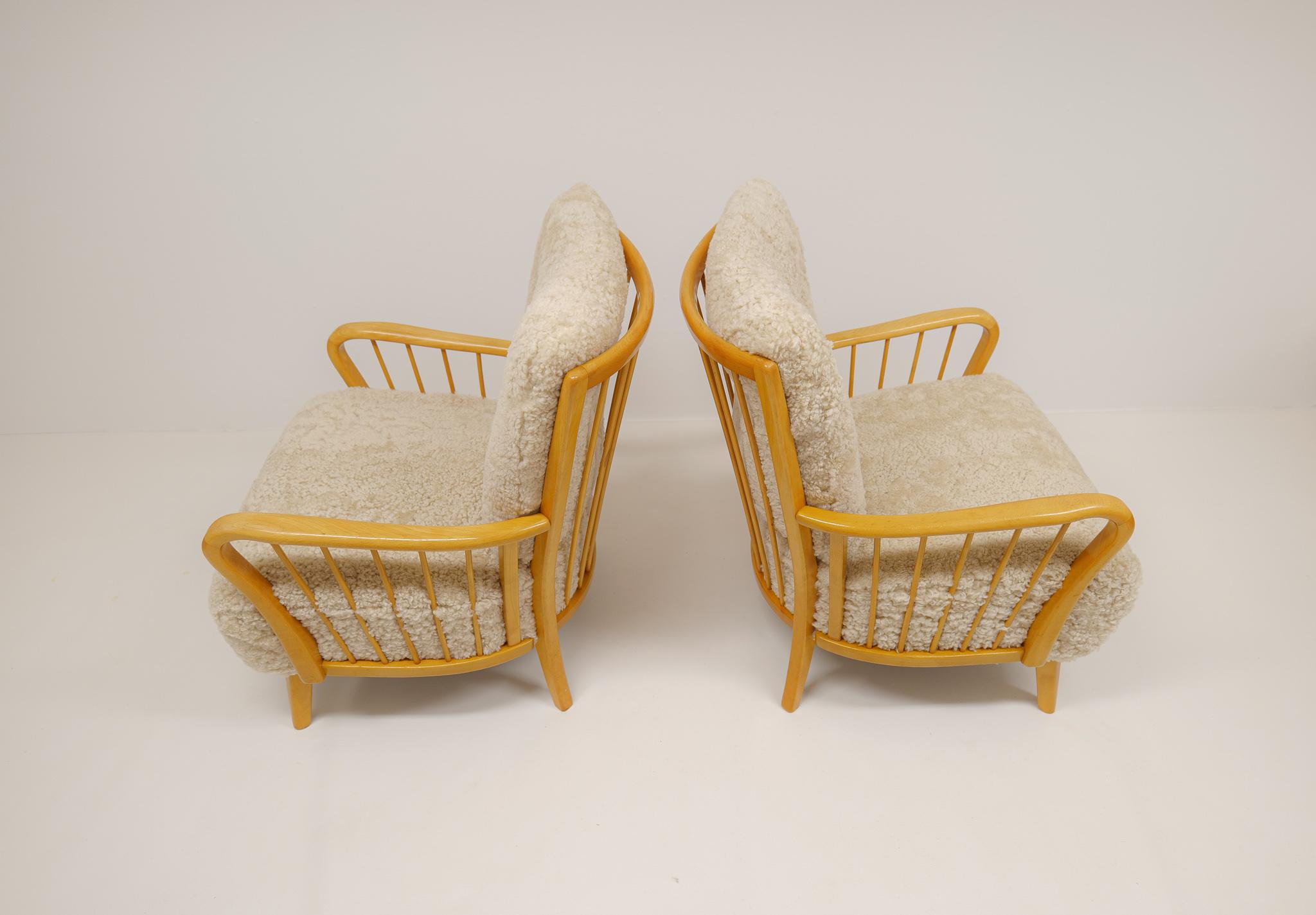 Art Deco Swedish Grace Lounge Chairs in Shearling / Sheepskin 1940s Sweden For Sale 8