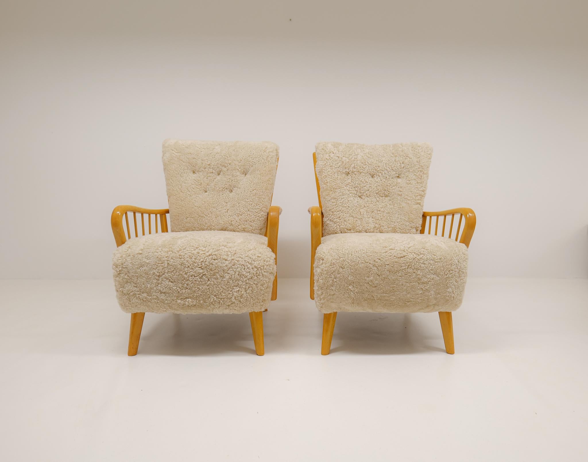 Art Deco Swedish Grace Lounge Chairs in Shearling / Sheepskin 1940s Sweden For Sale 9
