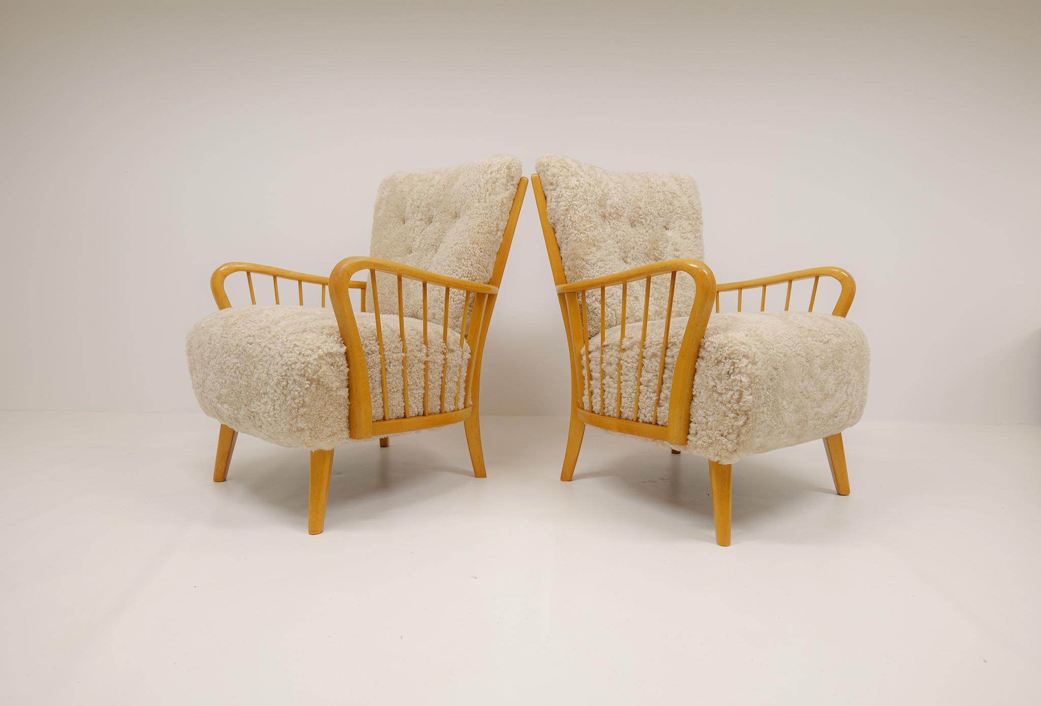Art Deco Swedish Grace Lounge Chairs in Shearling / Sheepskin 1940s Sweden For Sale 11
