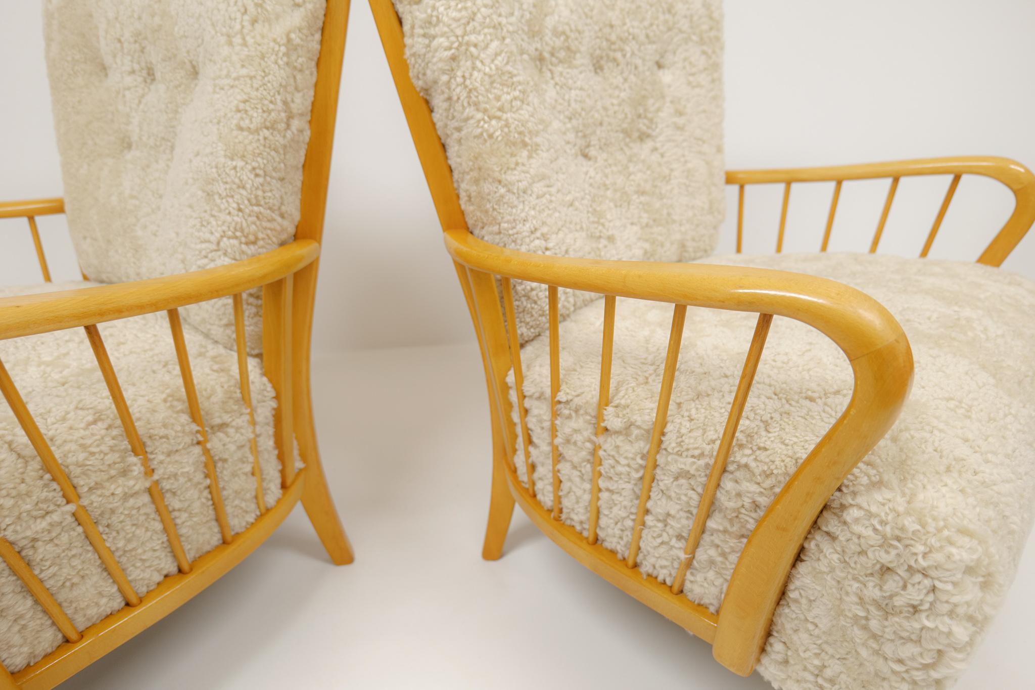 Art Deco Swedish Grace Lounge Chairs in Shearling / Sheepskin 1940s Sweden 14