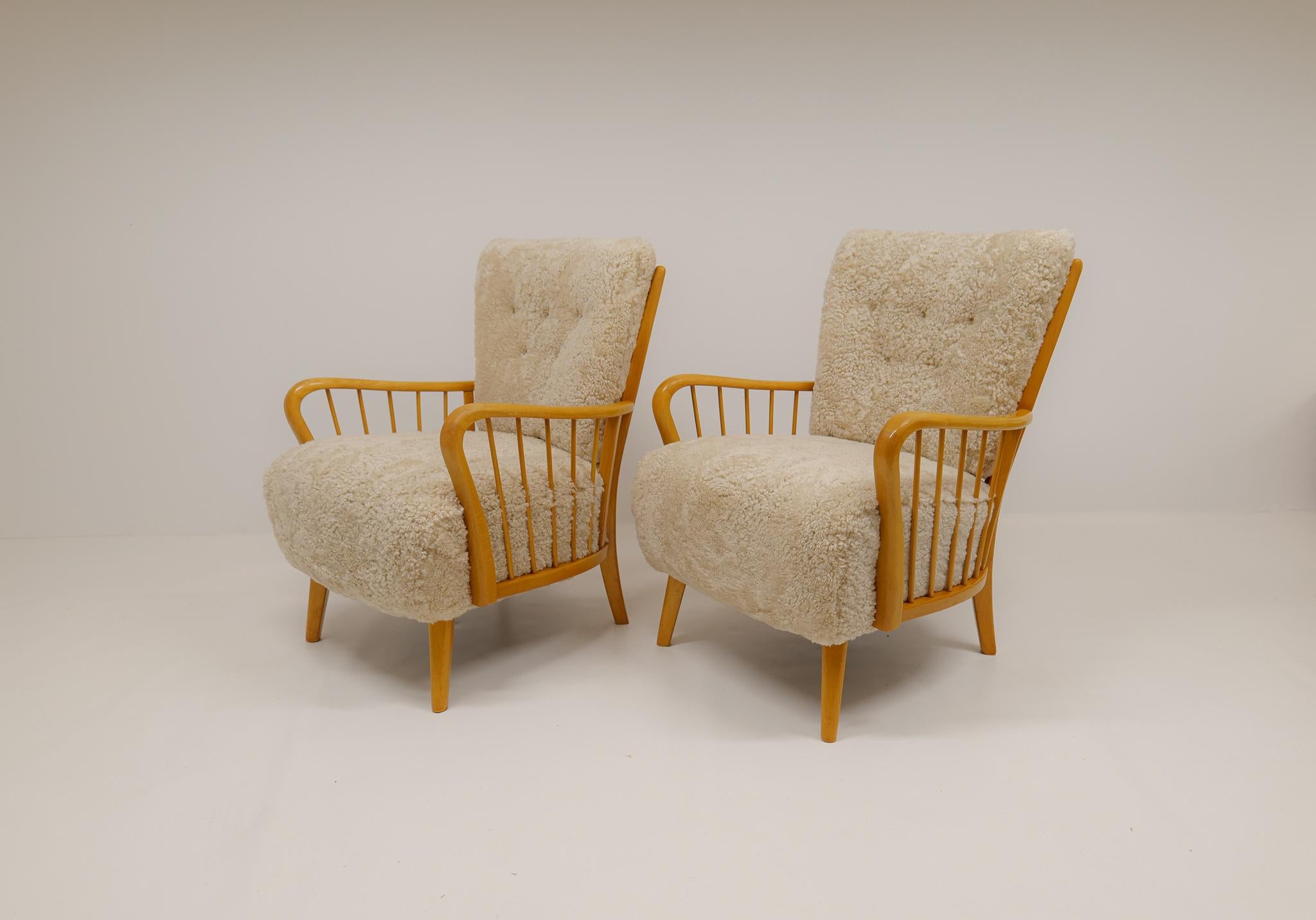 Mid-20th Century Art Deco Swedish Grace Lounge Chairs in Shearling / Sheepskin 1940s Sweden For Sale