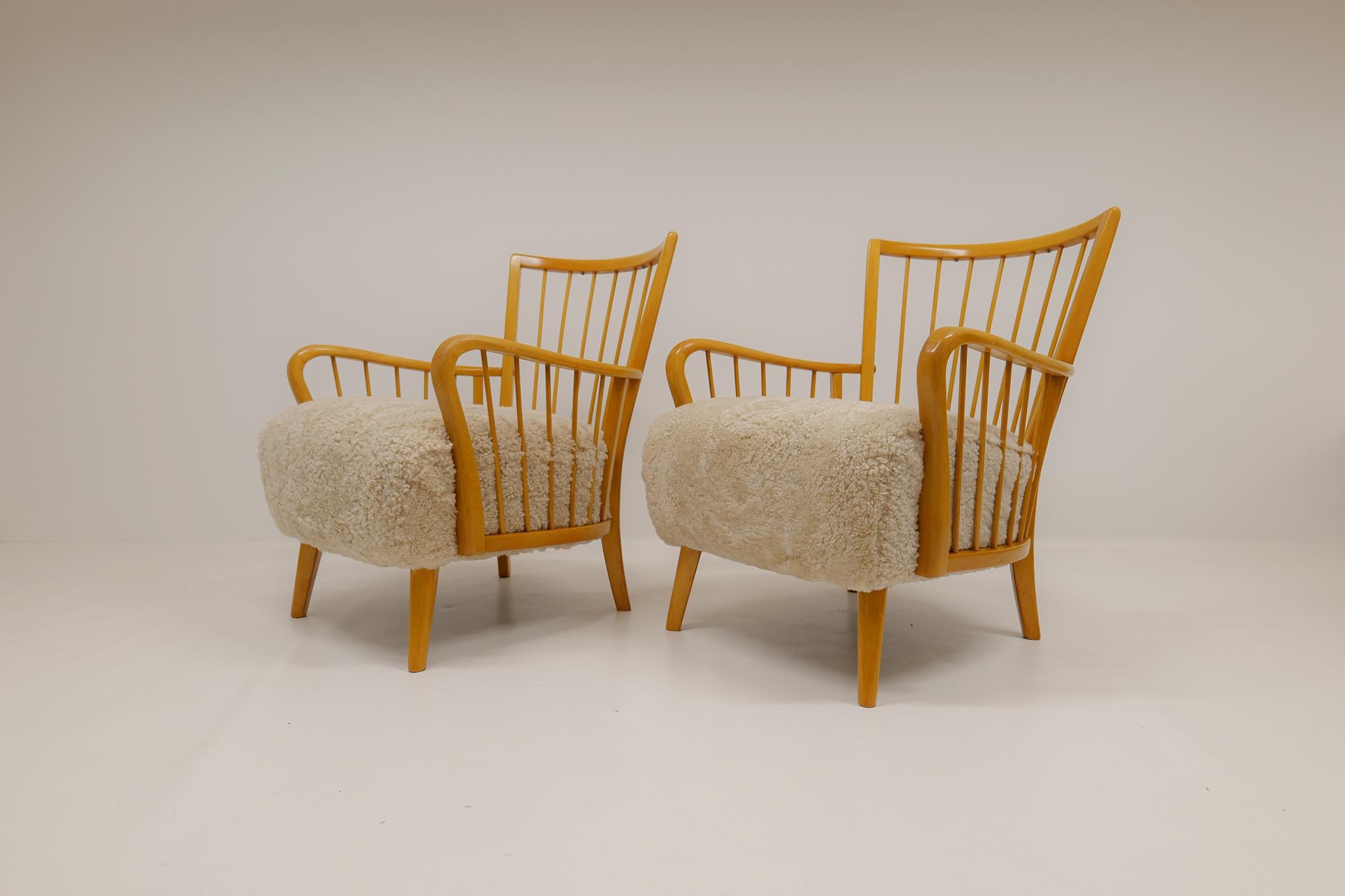 Art Deco Swedish Grace Lounge Chairs in Shearling / Sheepskin 1940s Sweden For Sale 1
