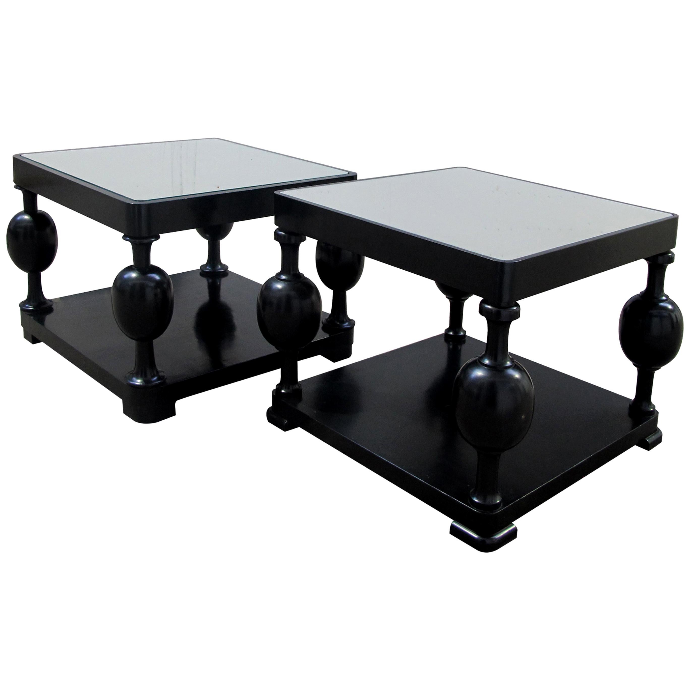 Art Deco Swedish Set of Two Side Tables with Mirrored Tops & Ebonized Birch Wood