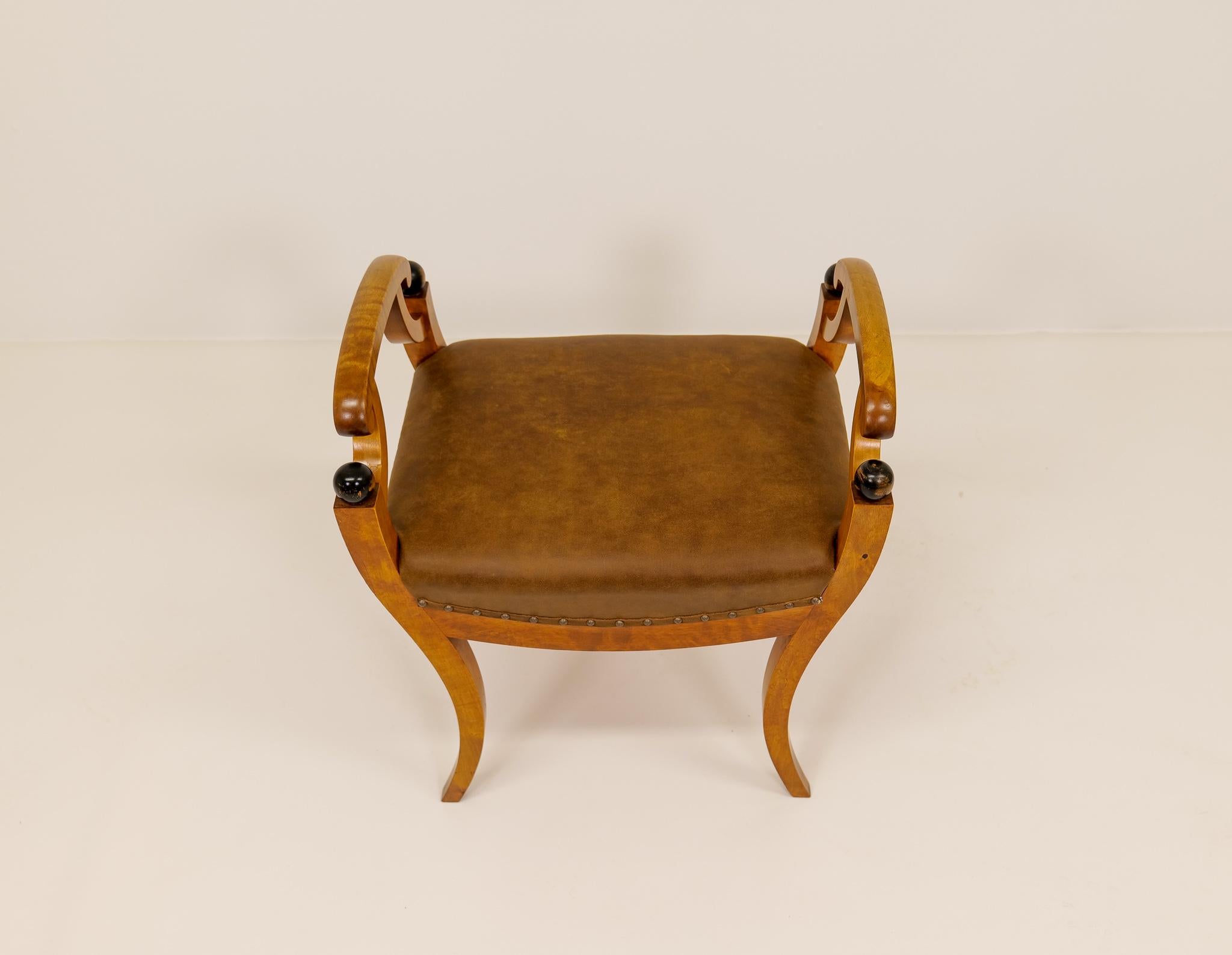 Art Deco Swedish Stool in Lacquered Birch and Leather Seat, 1940s 1