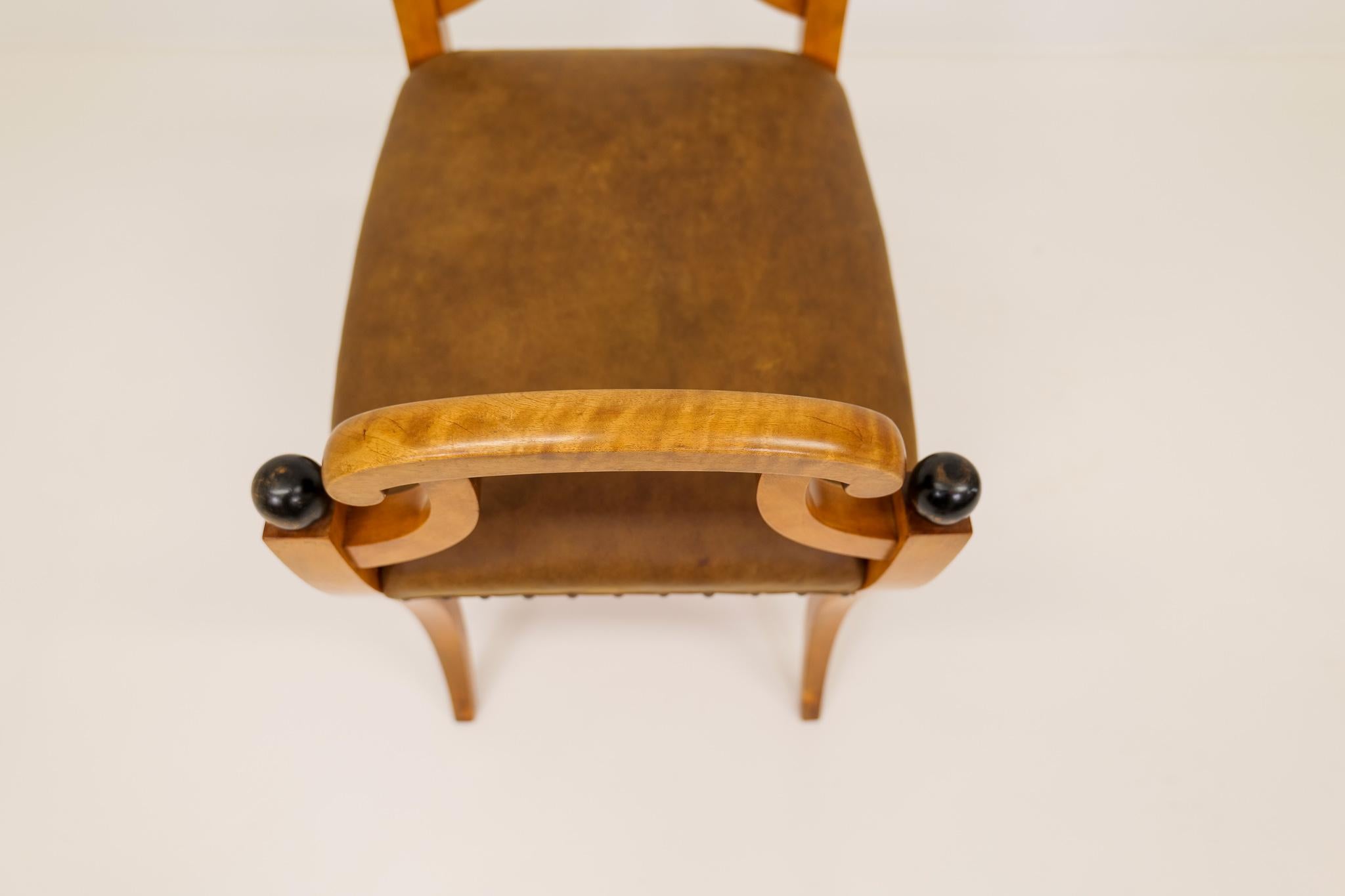Art Deco Swedish Stool in Lacquered Birch and Leather Seat, 1940s 5