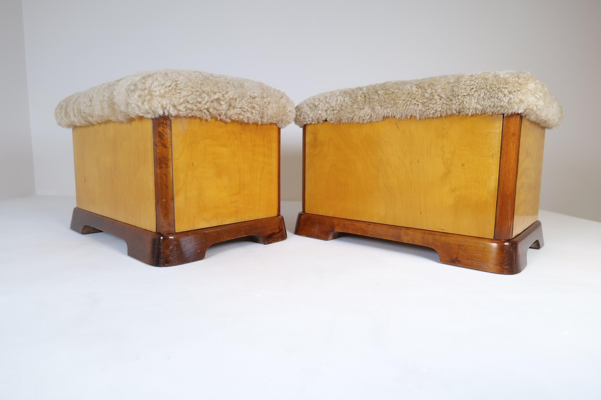 Swedish Art Deco Stools in Lacquered Birch and Sheepskin/Shearling Seat 1940s For Sale 8