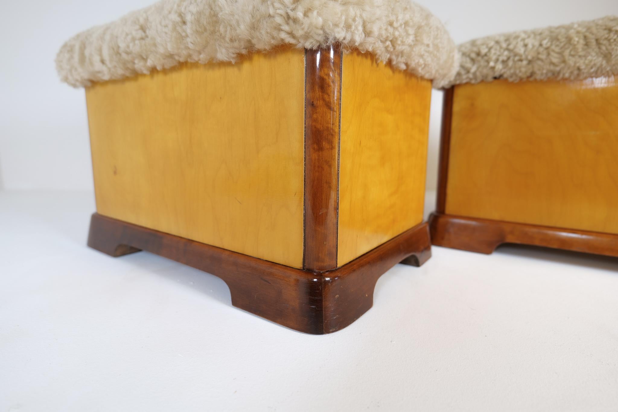 Swedish Art Deco Stools in Lacquered Birch and Sheepskin/Shearling Seat 1940s For Sale 9