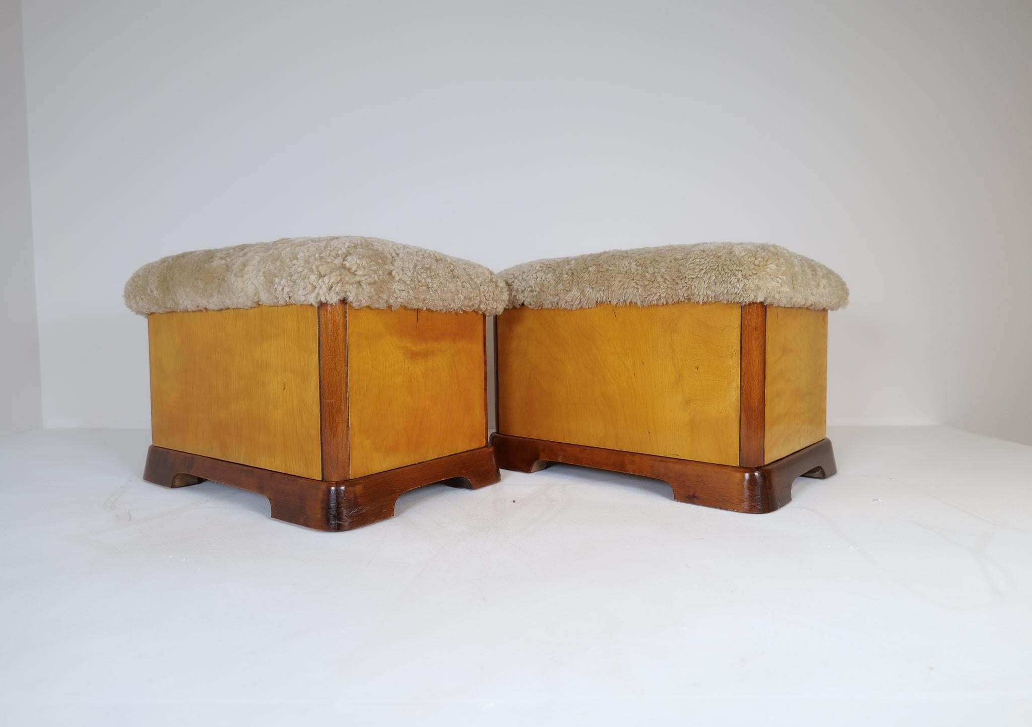 Swedish Art Deco Stools in Lacquered Birch and Sheepskin/Shearling Seat 1940s For Sale 13