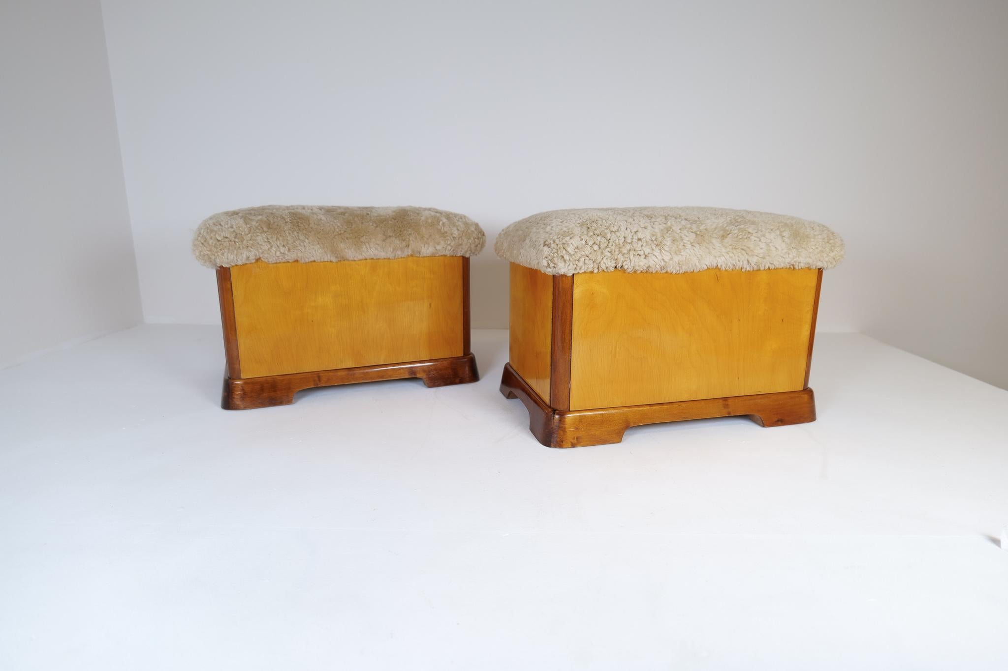 Swedish Art Deco Stools in Lacquered Birch and Sheepskin/Shearling Seat 1940s In Good Condition For Sale In Hillringsberg, SE